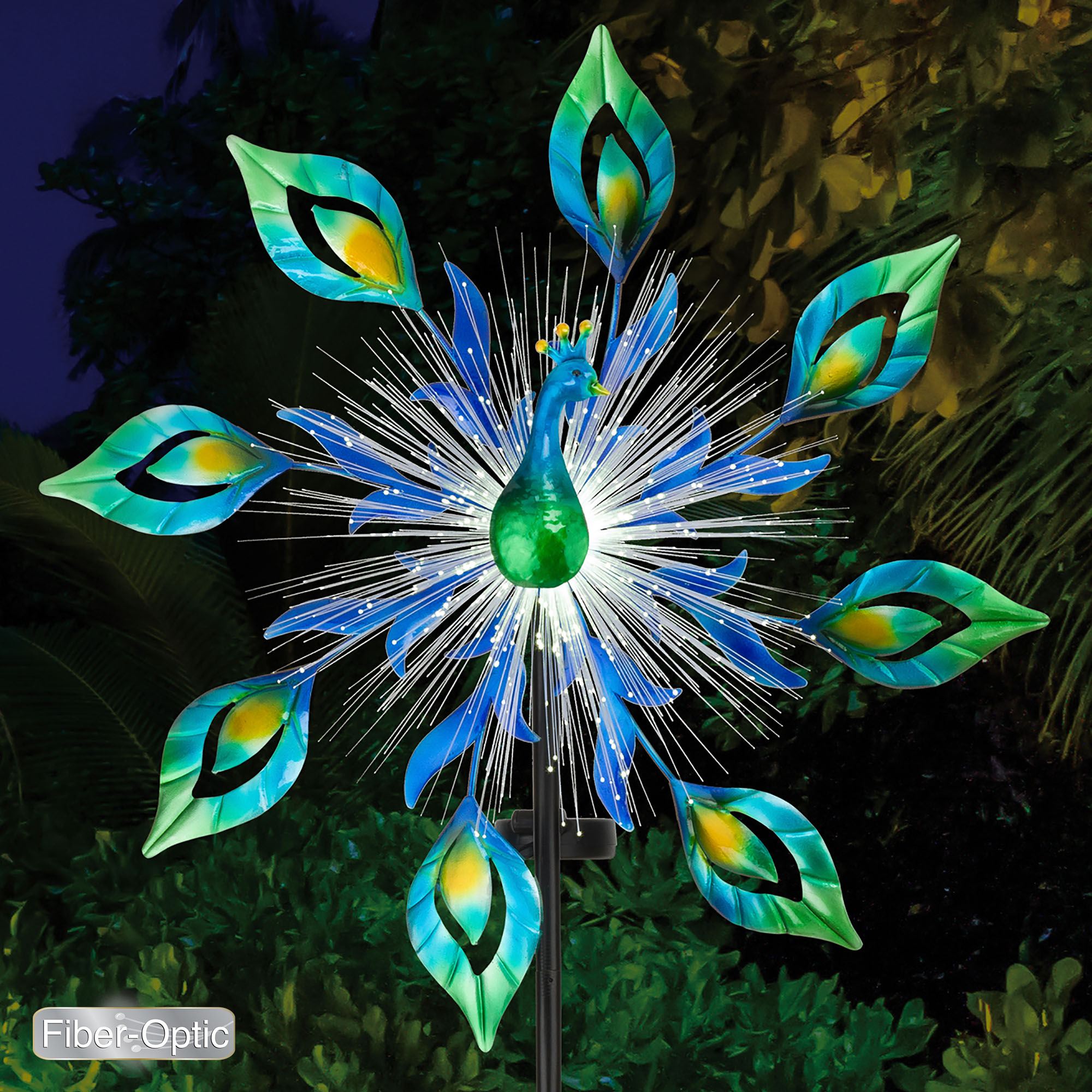 Spring Powered Spinner Peacock Glow Solar Powered Fiber Optic Lighted Outdoor Garden Wind Spinner