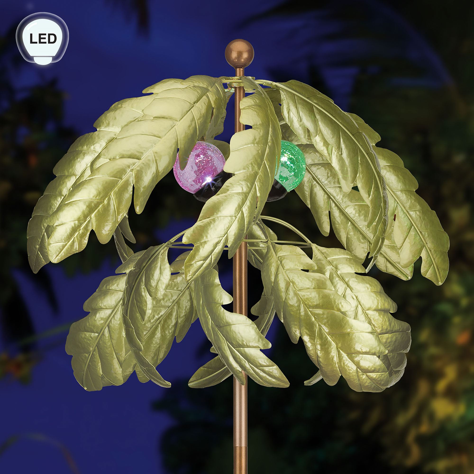 Spring Powered Spinner Palm Tree Solar Powered LED Lighted Outdoor Garden Wind Spinner