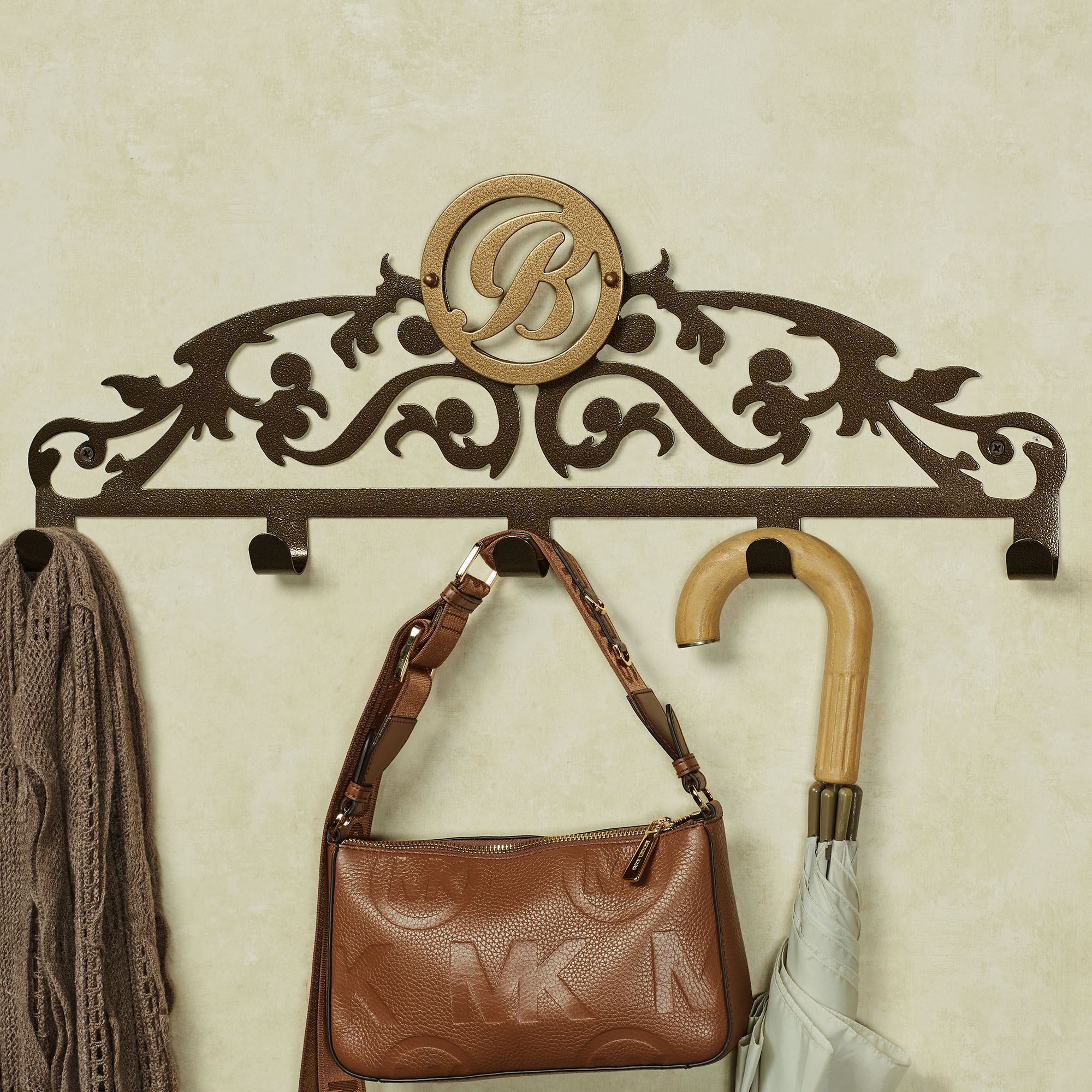Wilburn Monogram Five Hook Wall Rack Gold/Bronze 5 Hook | Touch of Class