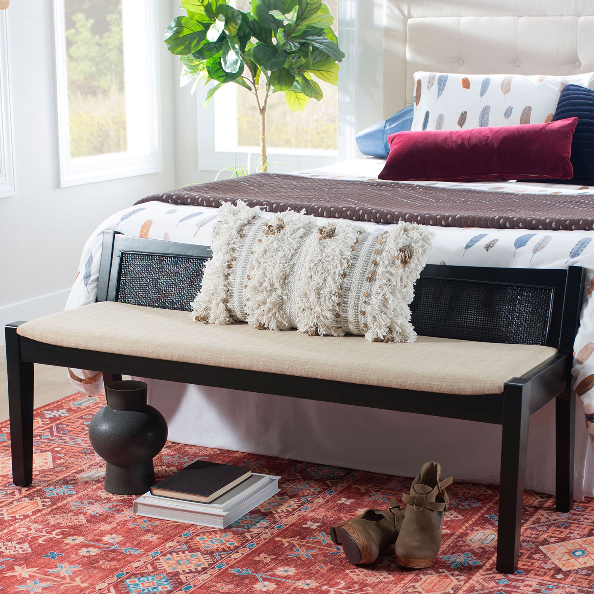 Talia 52 Inch Wide Cane Rattan Wooden Bench with Cushioned Seat