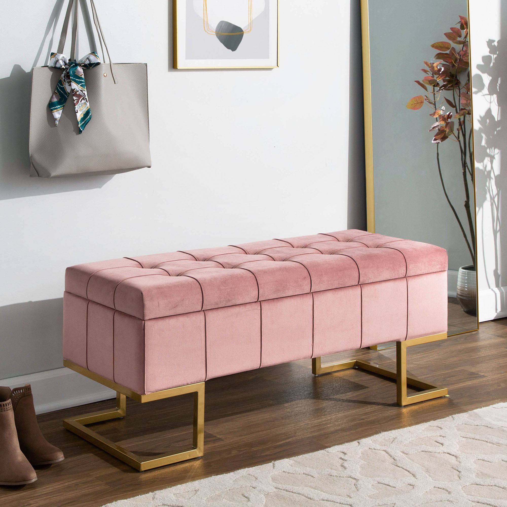 Midas Pink Tufted Velvet Upholstered Storage Bench