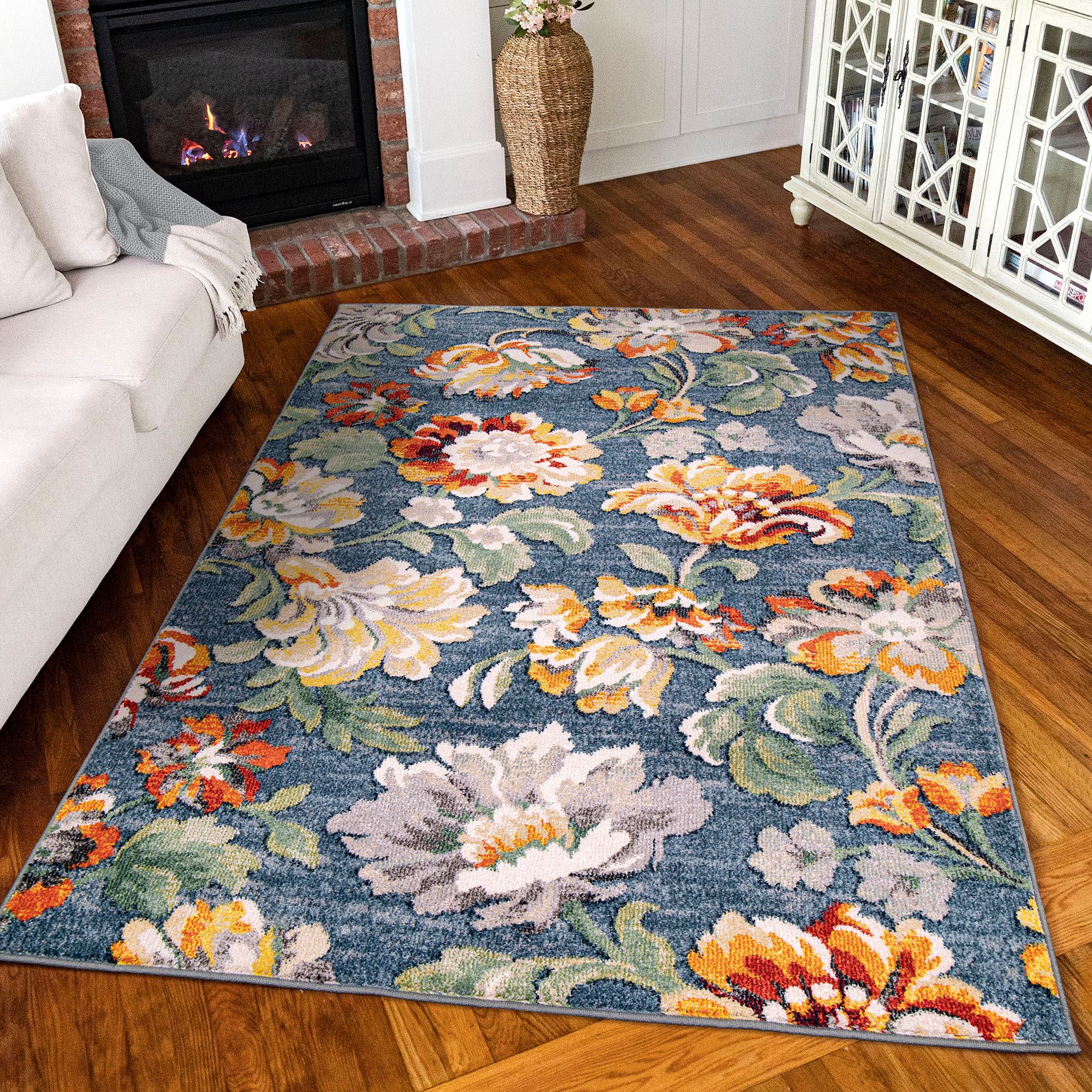Gloria Blue Floral Blossom Area Rugs