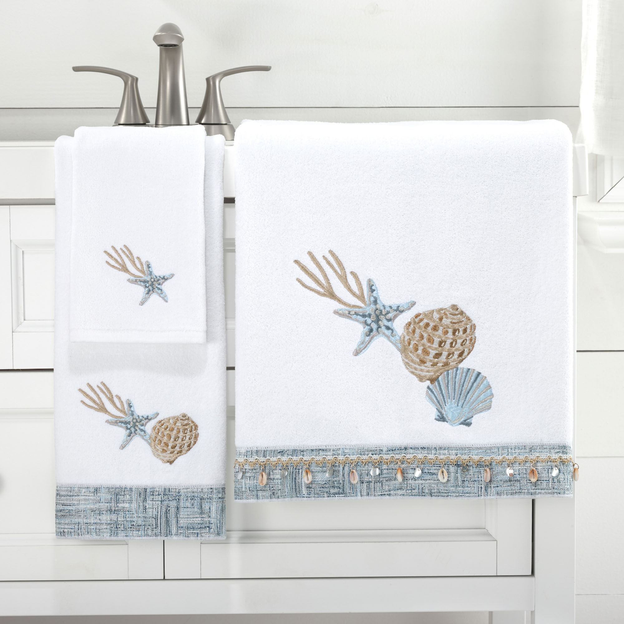 Stone Harbor White Embroidered Starfish Seashell Coastal Bath Towel Set