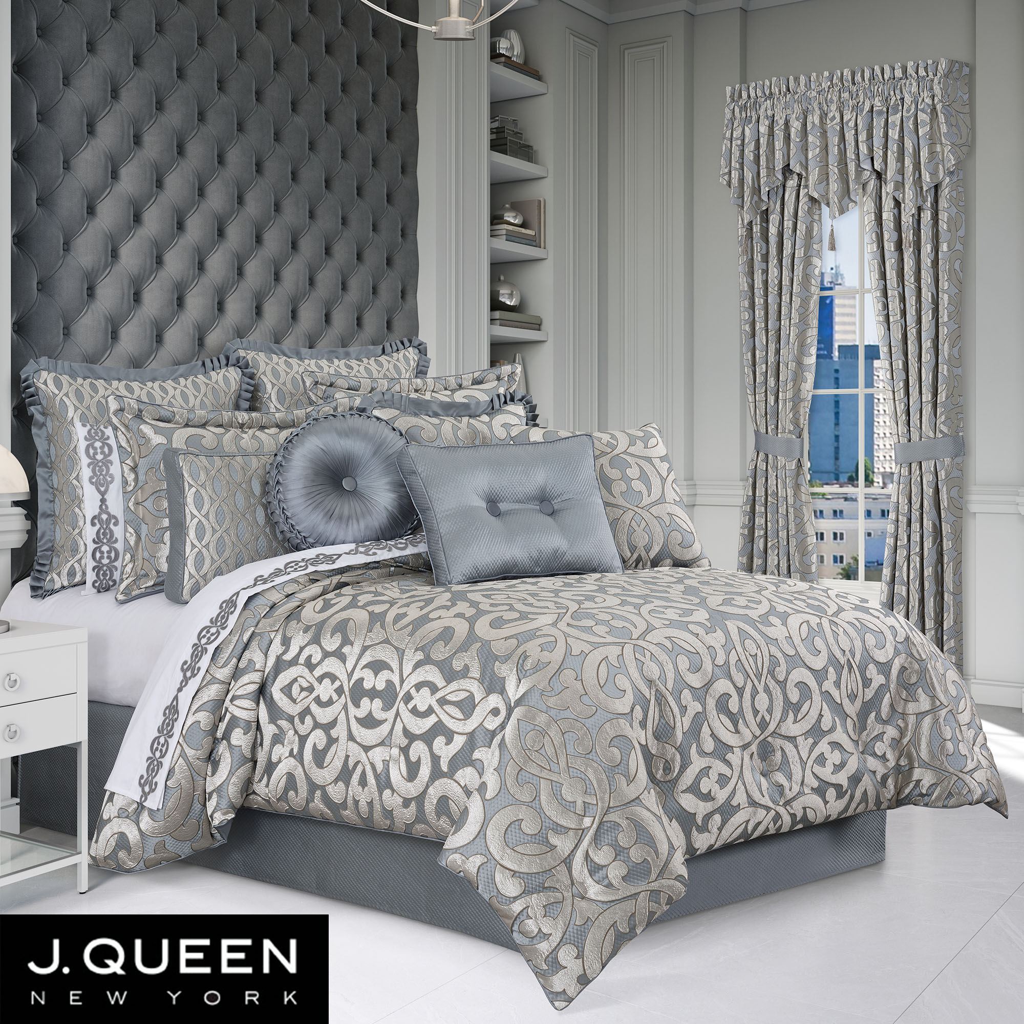 Barocco Sterling Blue and Silver Damask Comforter Set Luxury Bedding by ...