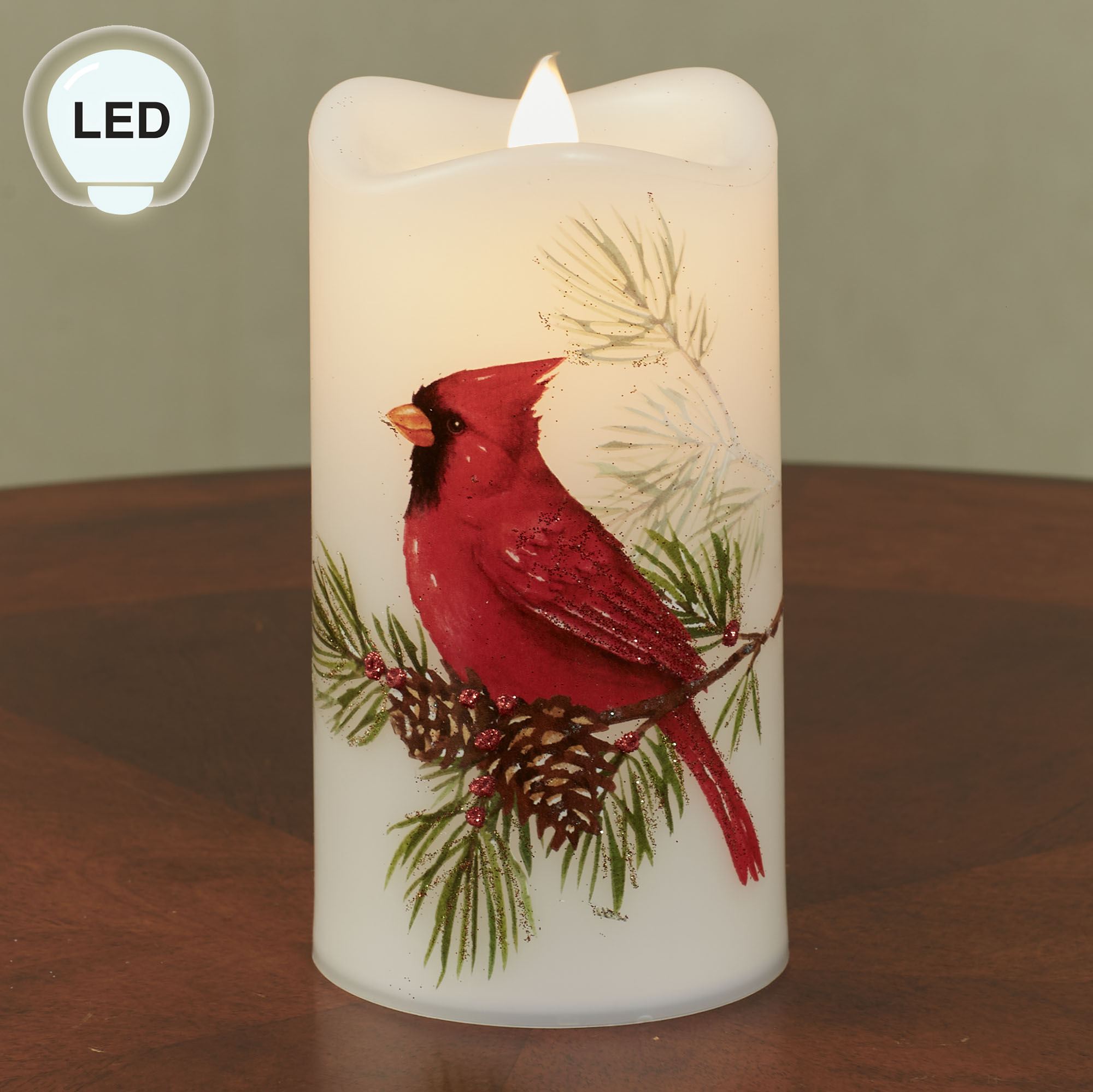 Cardinal on Pine LED Flameless Candle Red