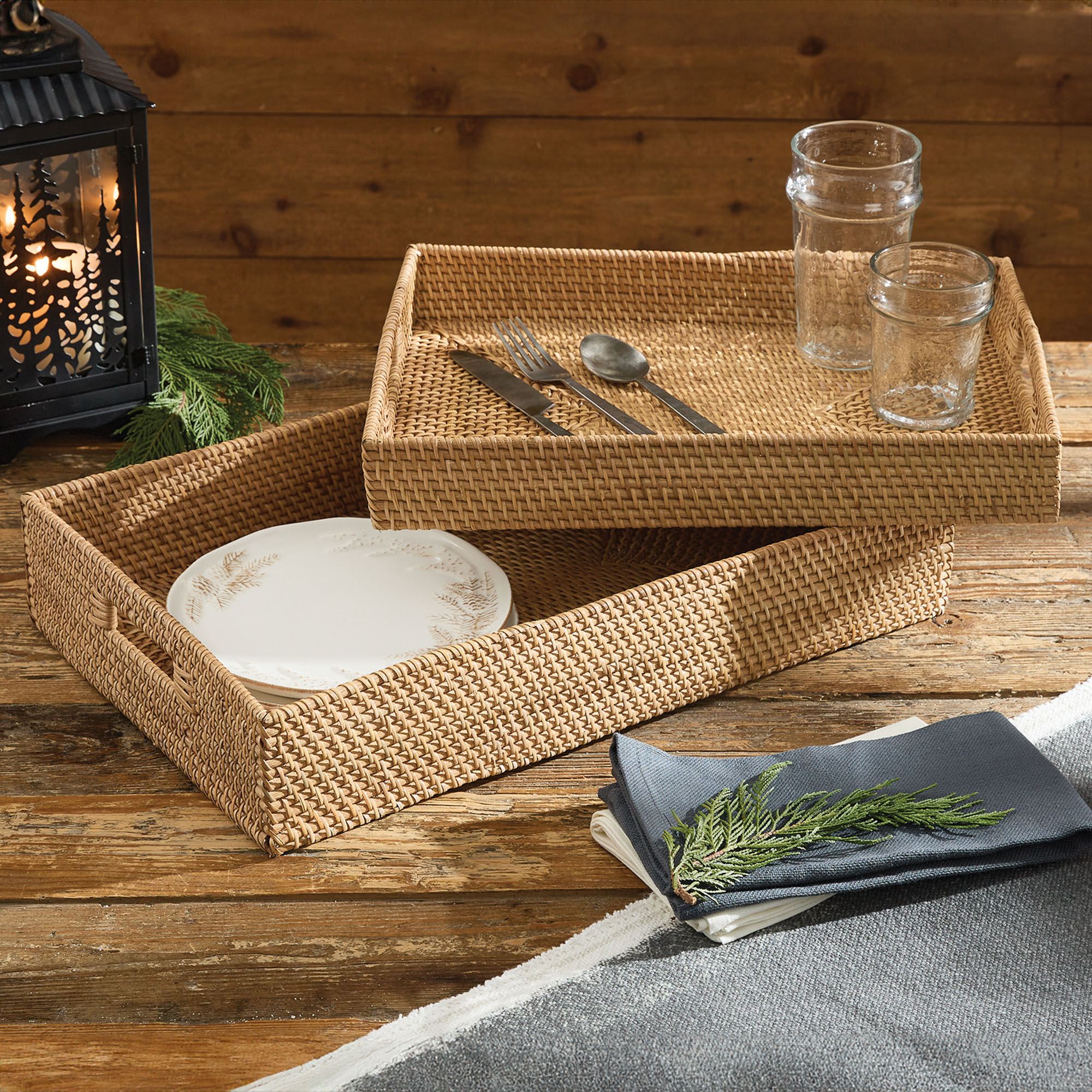 Tray Ratton Woven Rattan Serving Tray Set with Cutout Handles - Great for Breakfast ...