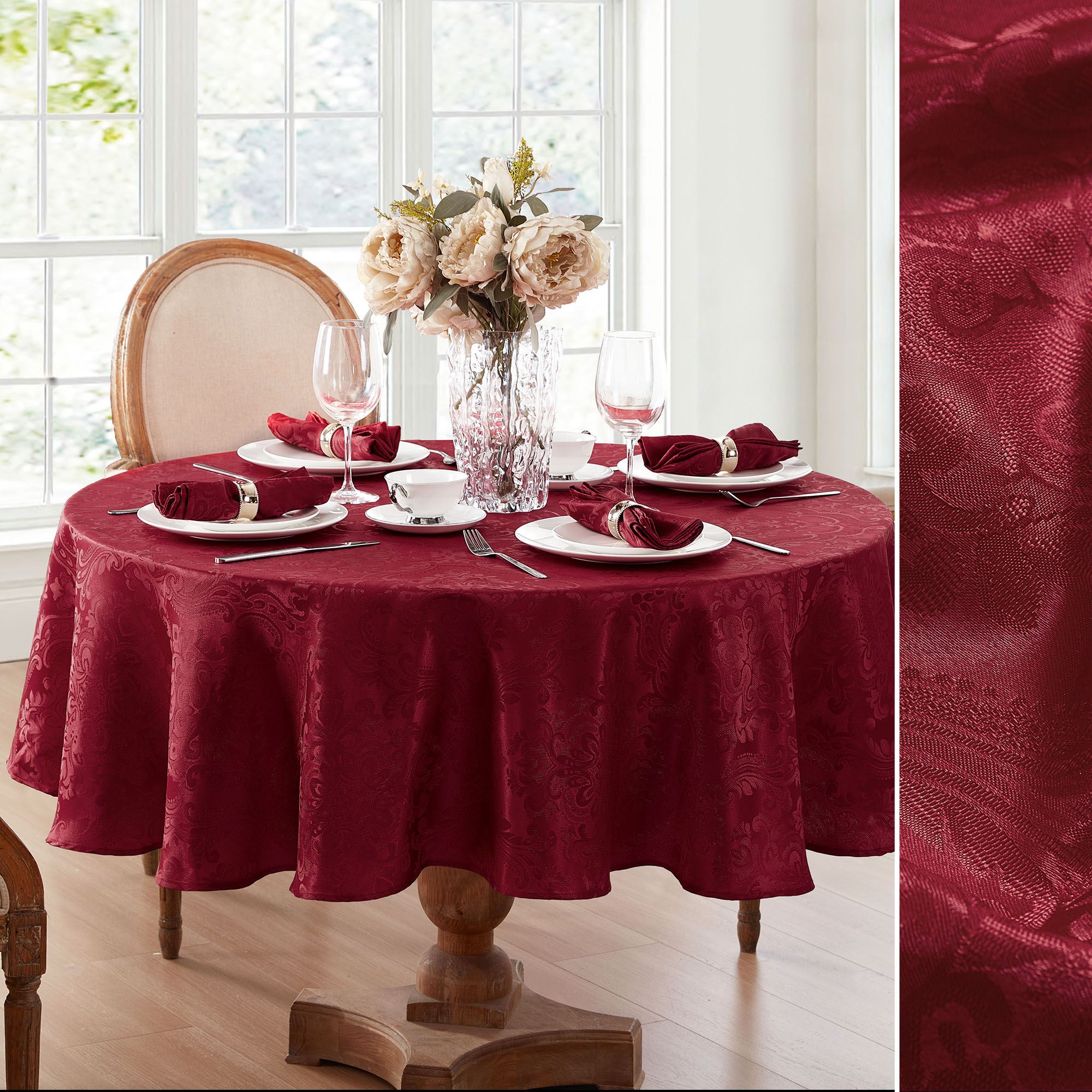 Ensley Stain Resistant Damask Round Tablecloth and Table Linens