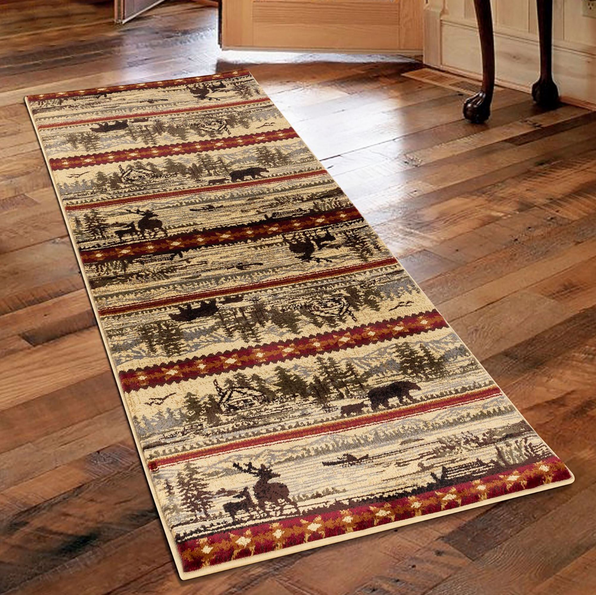Mountain Lodge Deer and Bear Rustic Wildlife Scenery Area Rugs