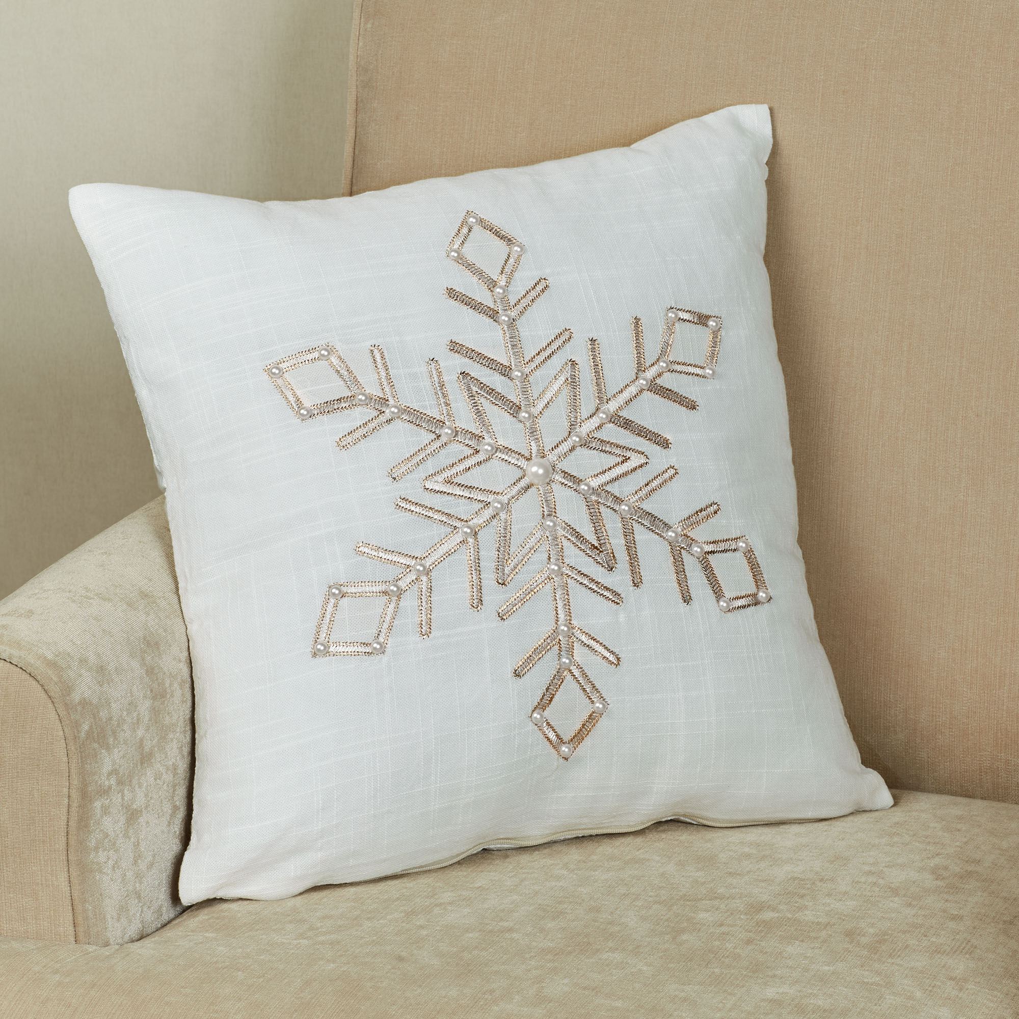 Beaded Snowflake Off White Winter Decorative Throw Pillow