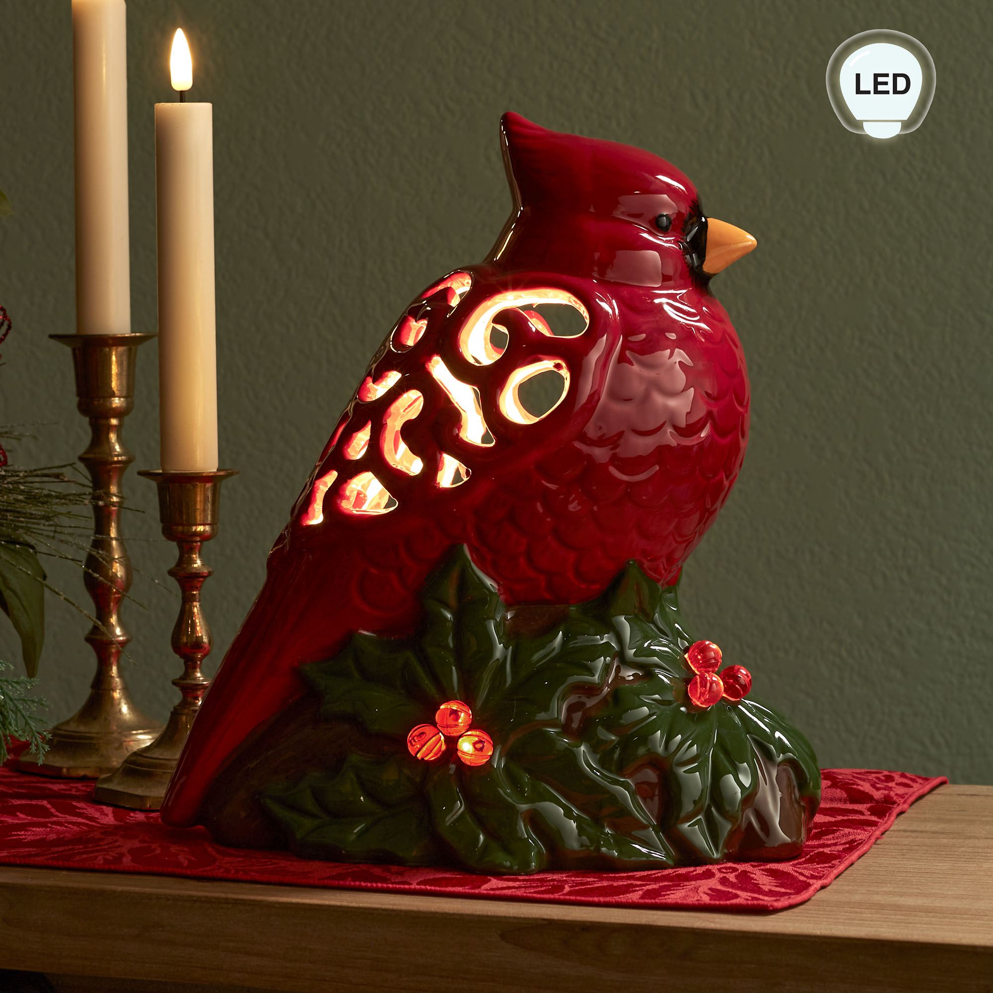 Cardinal with Holly LED Lighted Holiday Tabletop Accent