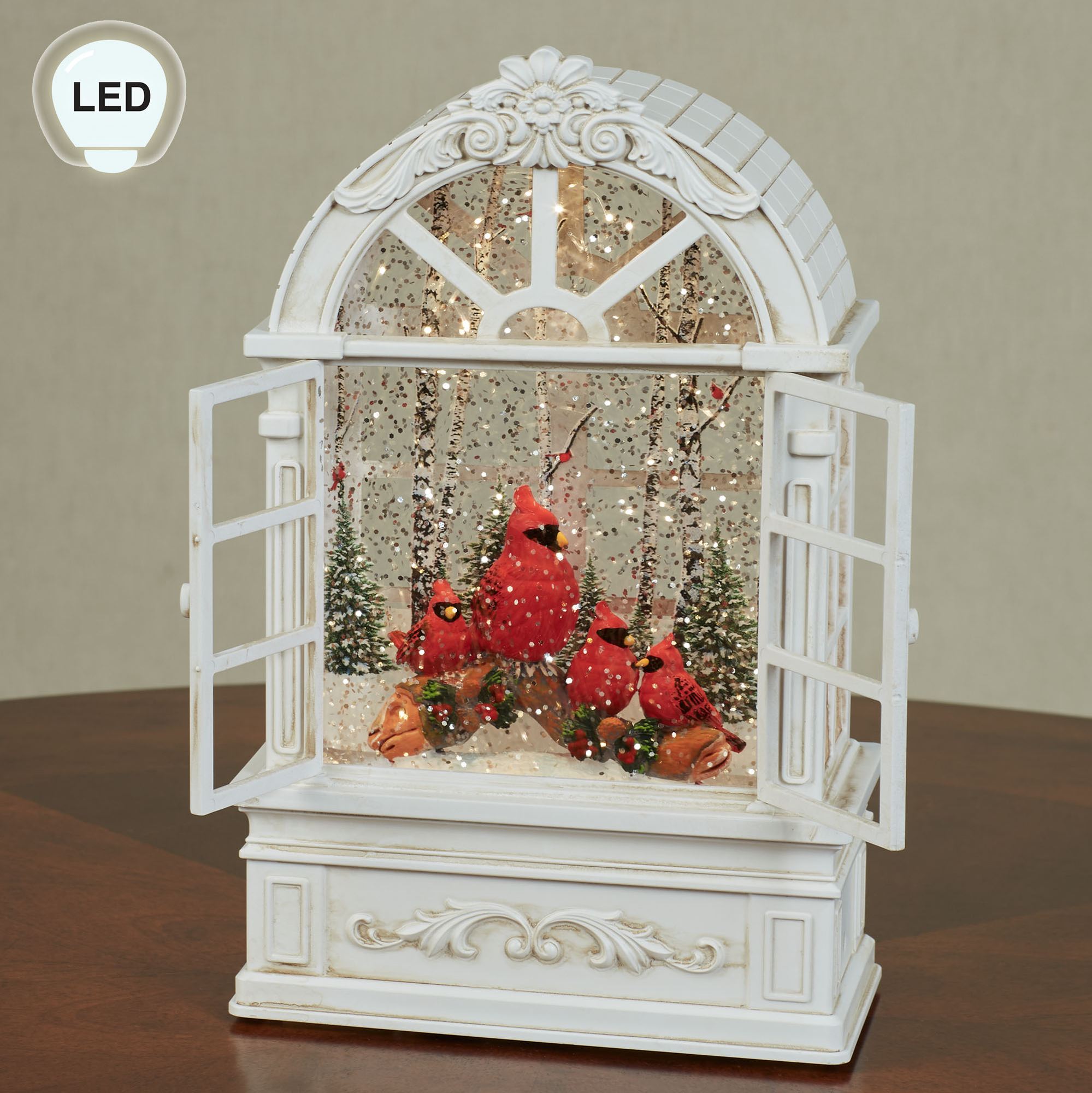 Winter Cardinal Swirl Window Tabletop Accent Antique Ivory