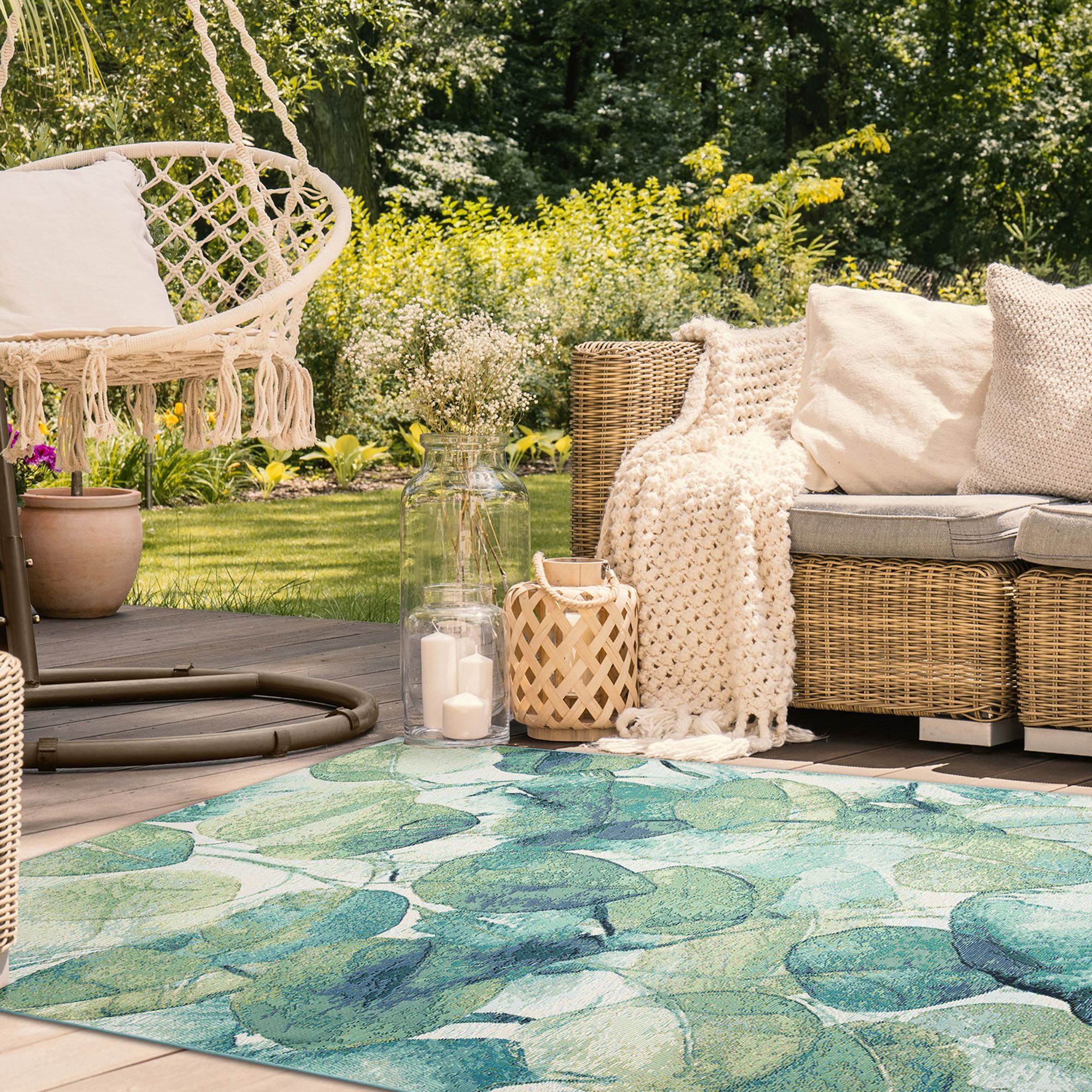 Lotus Blossom Green Botanical Leaf Indoor Outdoor Rugs by Liora Manne