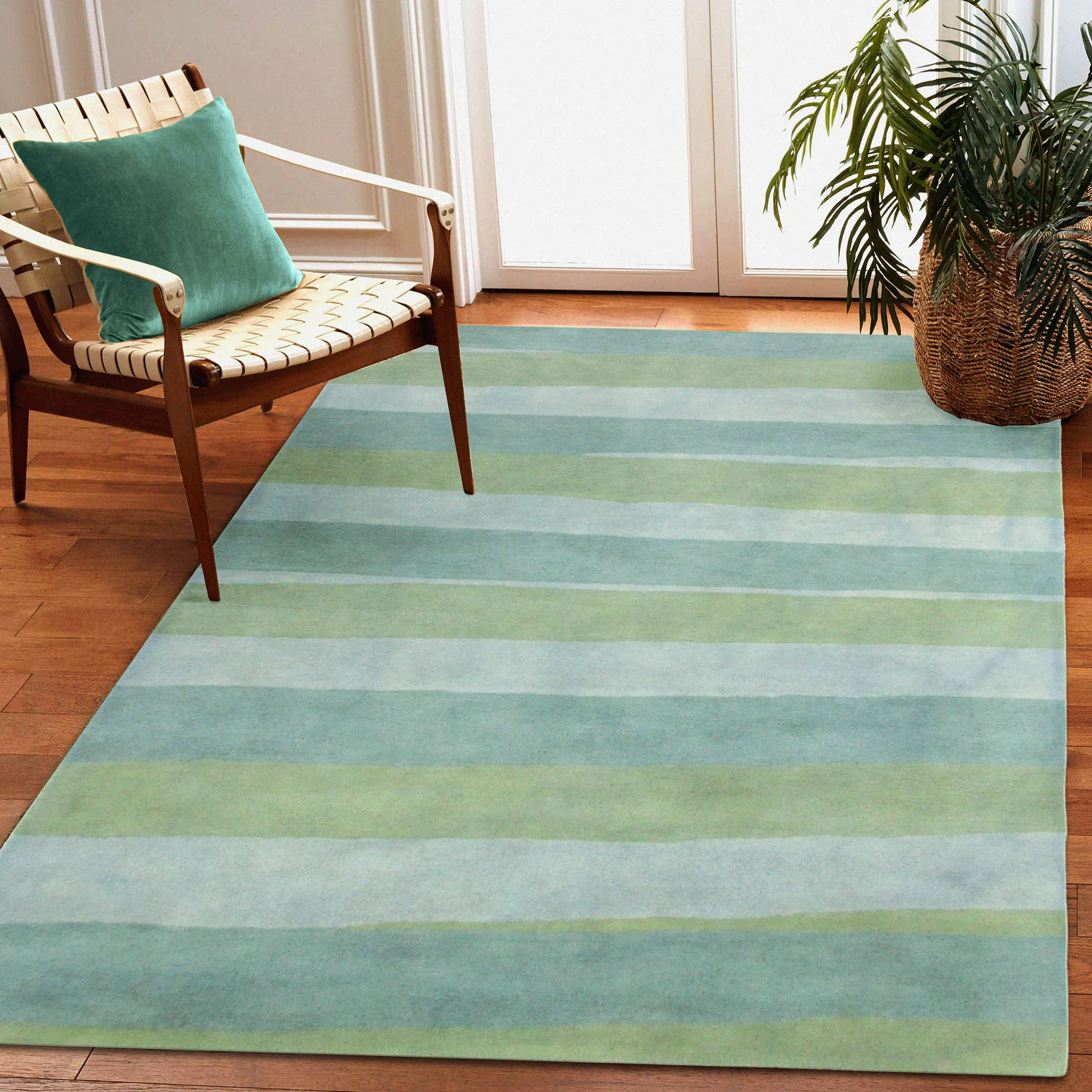 Piazza Stripe Blue and Green Hand Tufted Wool Area Rugs by Liora Manne