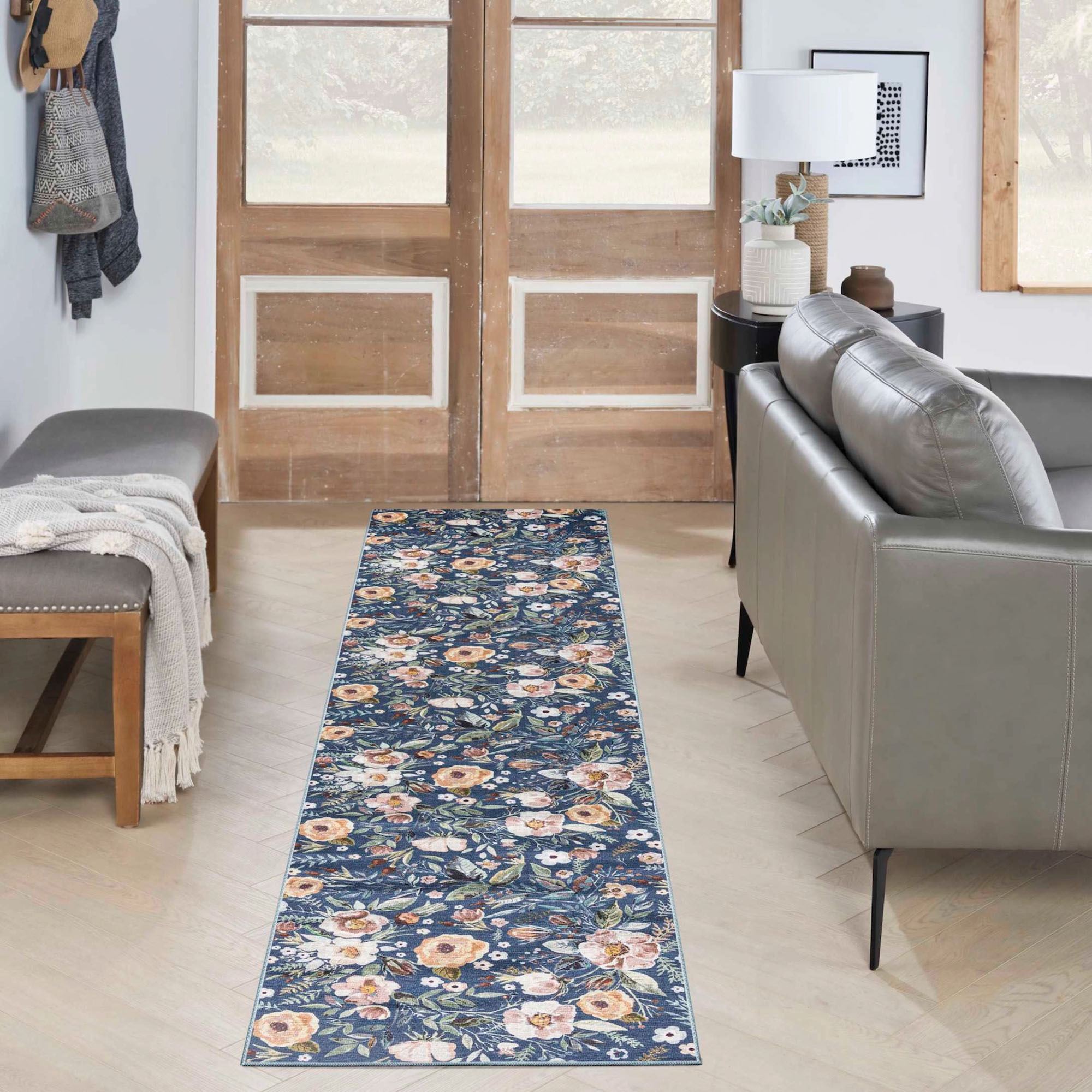 Floral Haven Navy Machine Washable Area Rugs