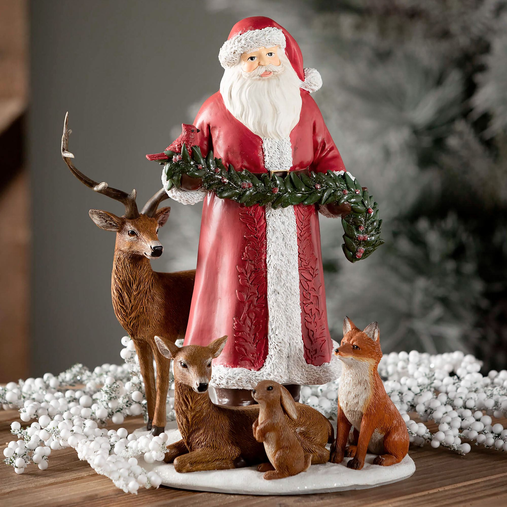 Rustic Santa Claus with Animals Table Sculpture