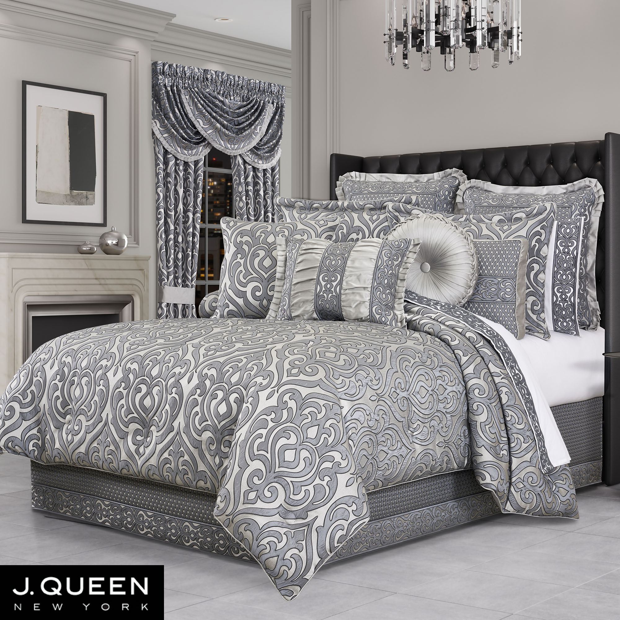 Laurence Llewelyn-Bowen Slate Grey Embossed Damask Duvet Cover - Super King Size (260 X 220cm) - 2 Pillowcases - Luxury Grey Velvet Jacquard Bedding Set: Home