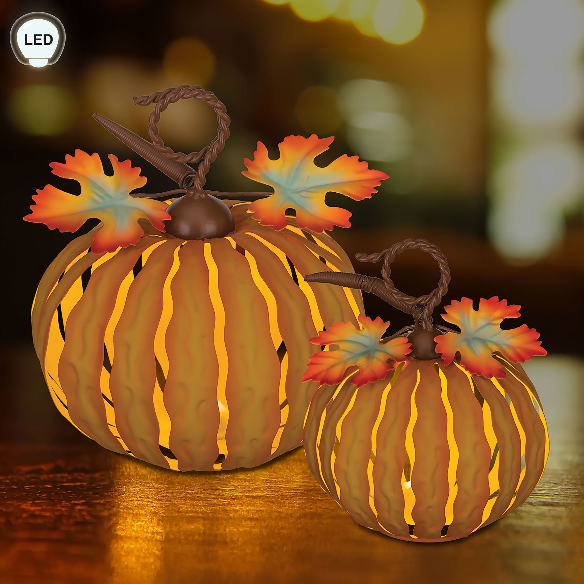 Small Led Pumpkins LED Lighted Indoor Outdoor Metal Fall Pumpkin Set