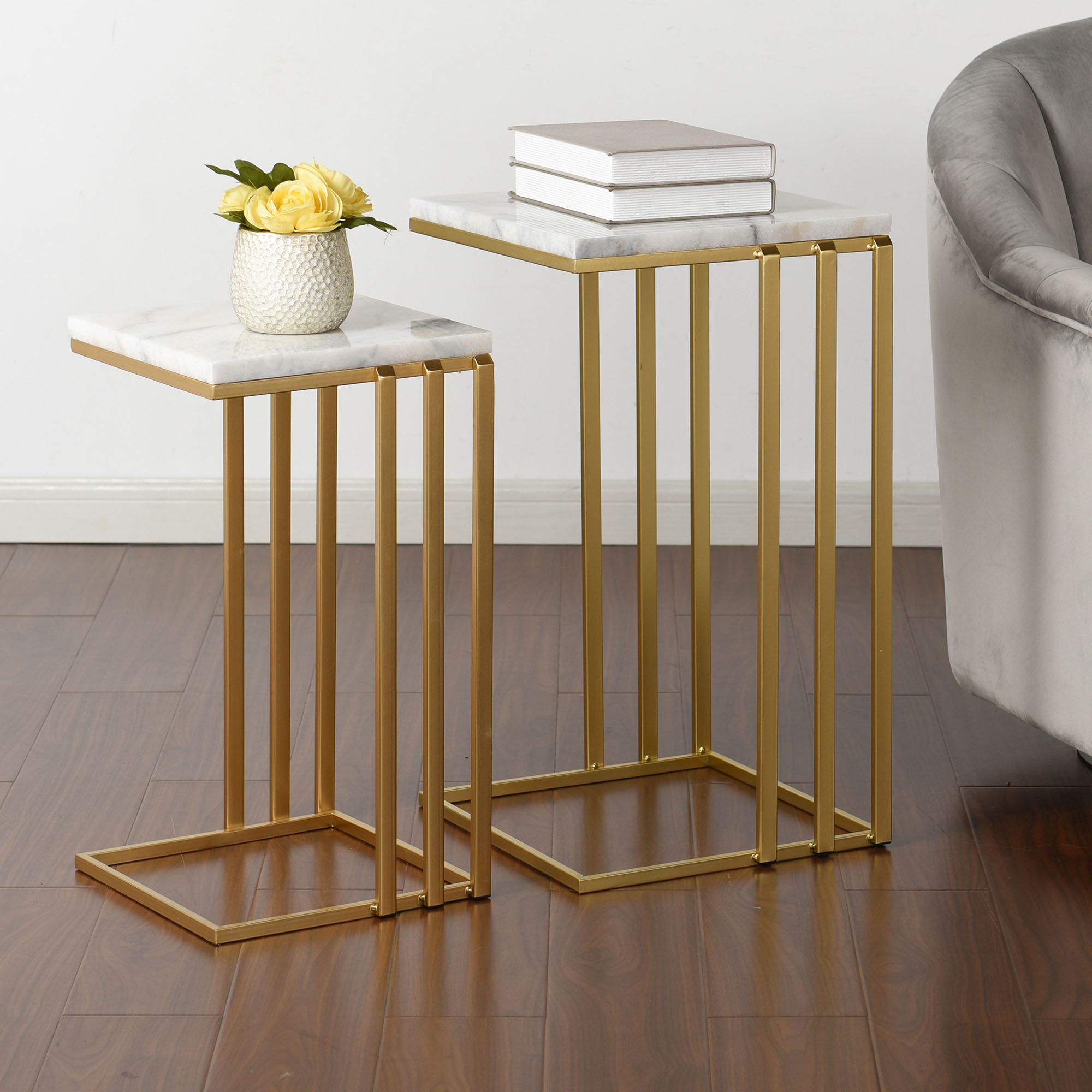 Anya Gold Metal Modern Nesting Table Set with Marble Tops