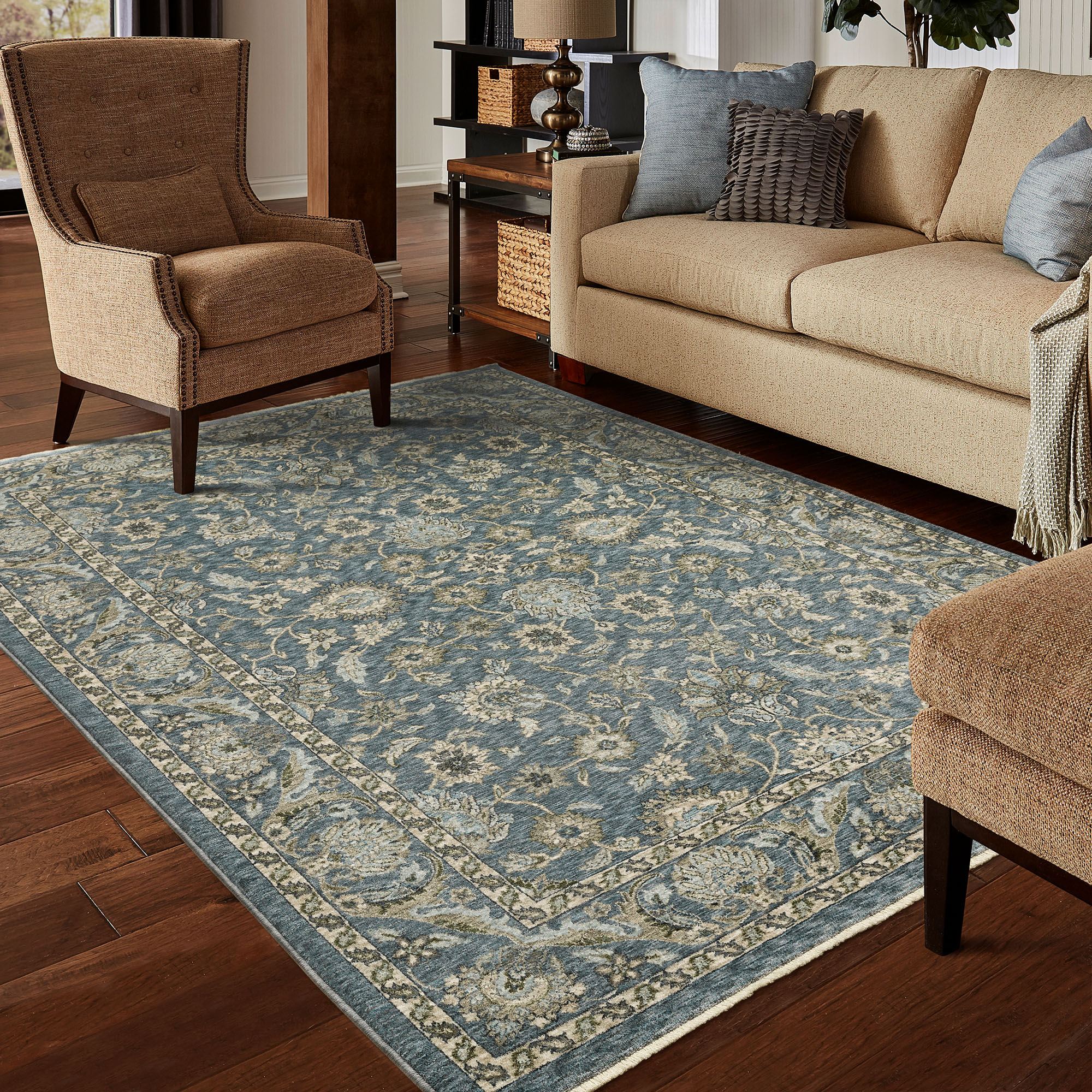 Orsman Blue Traditional Jacobean Floral Area Rugs