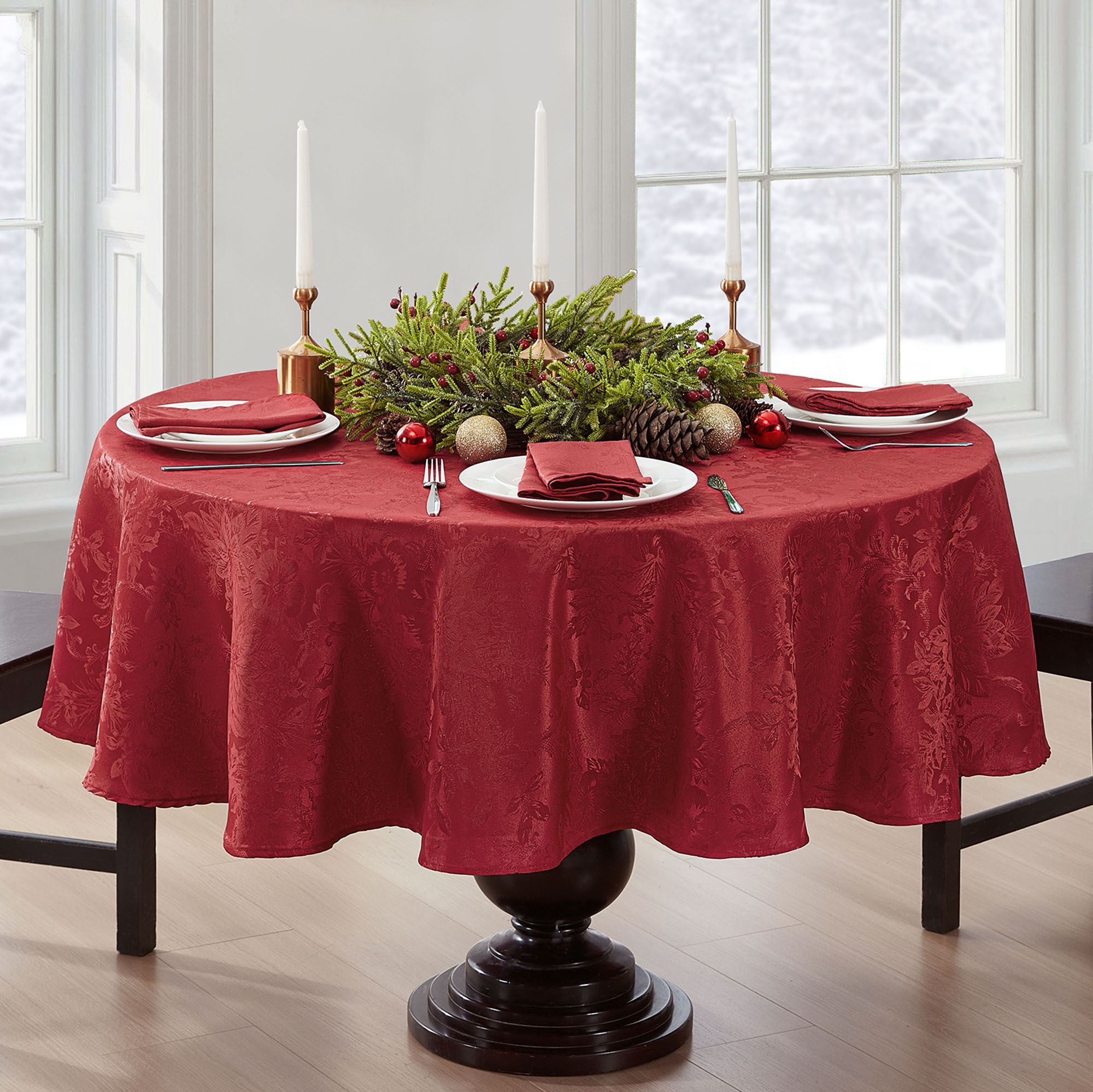 Dainty Poinsettia Holiday Round Tablecloth And Table Linens Dainty poinsettia holiday round tablecloth and table linens