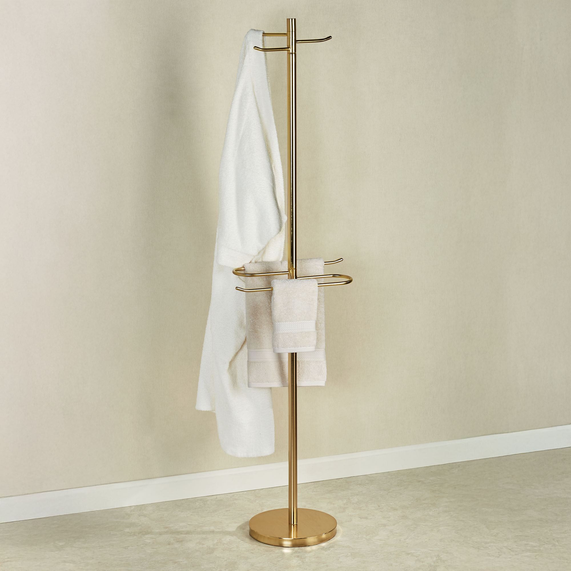 Gold Metal Bath Towel and Robe Valet Floor Stand with Weighted Base