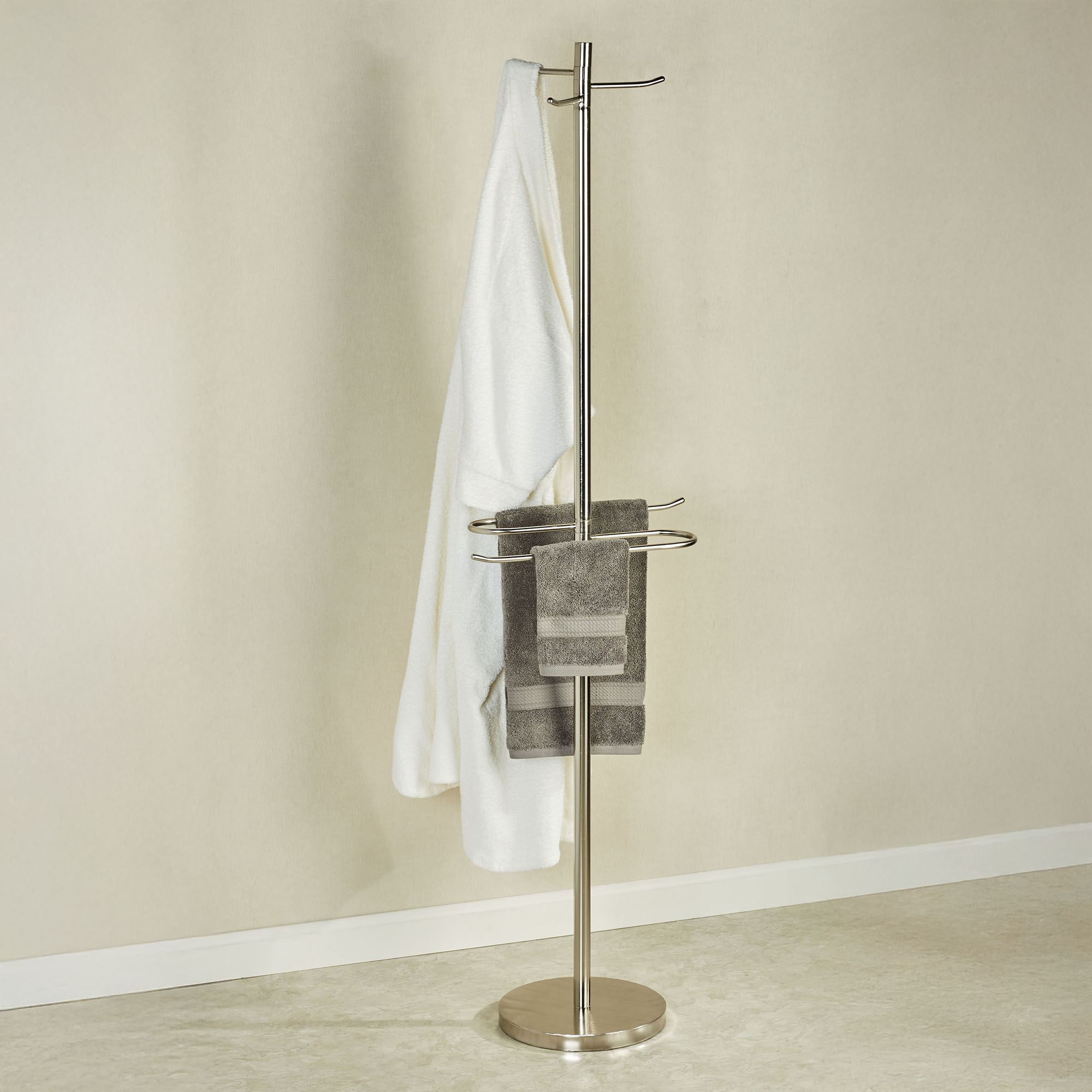 Silver Metal Bath Towel and Robe Valet Floor Stand with Weighted Base