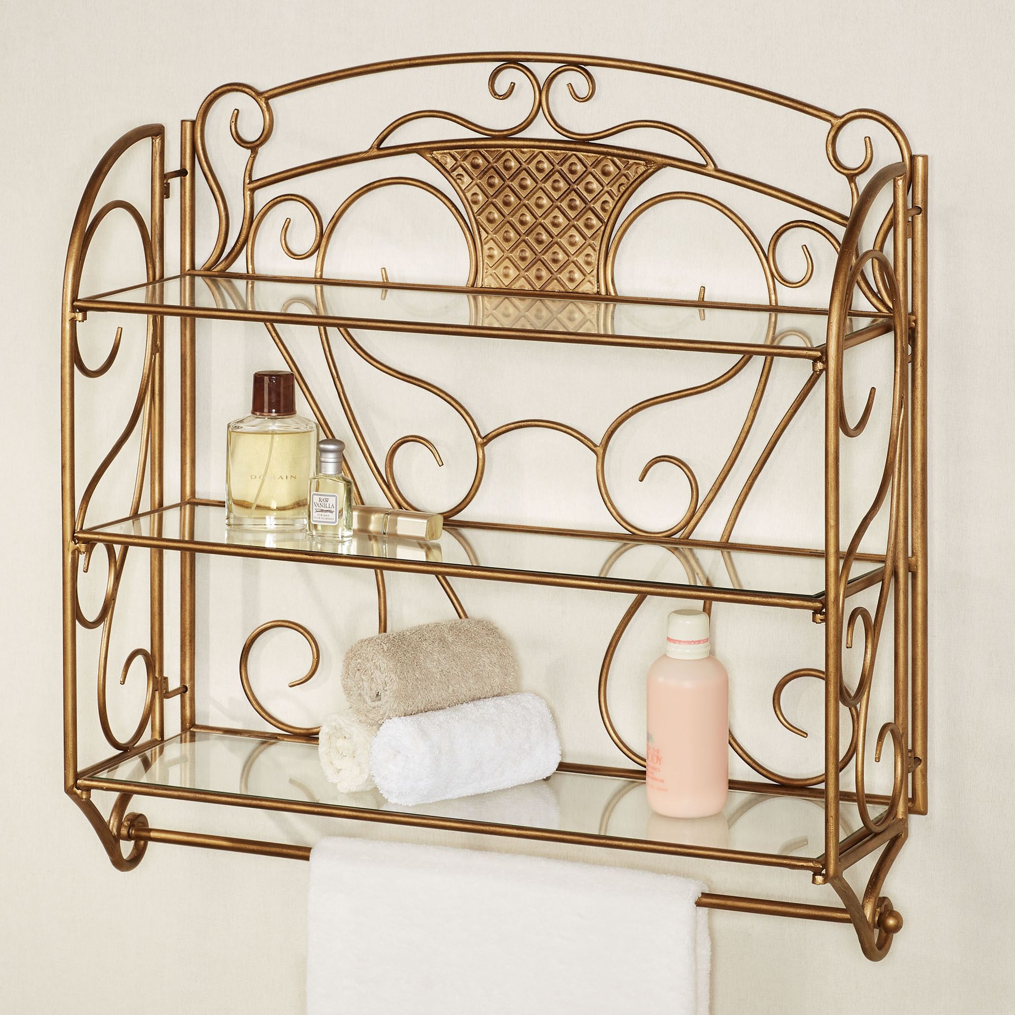 Lanora Aged Gold Metal Bathroom Wall Display Shelf with Towel Bar