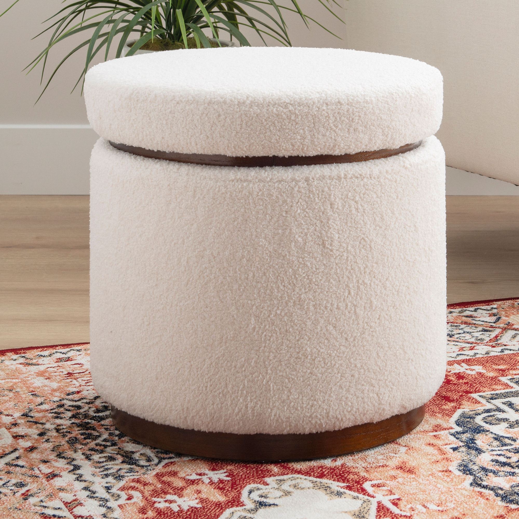 Lea Off White Boucle Upholstered Round Storage Ottoman