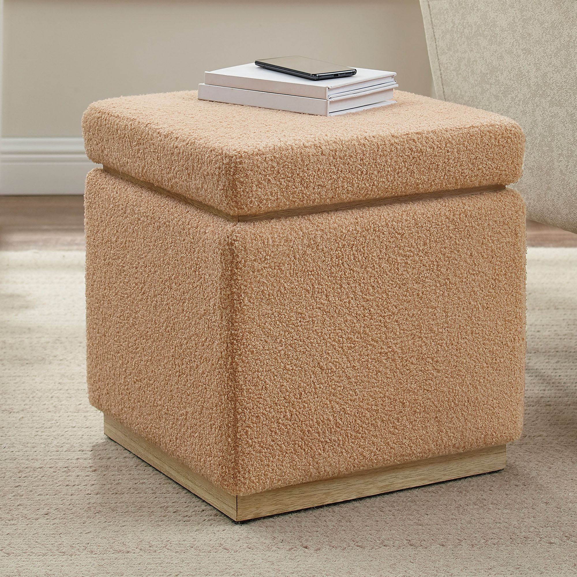 Mya Sand Boucle Upholstered Square Storage Ottoman