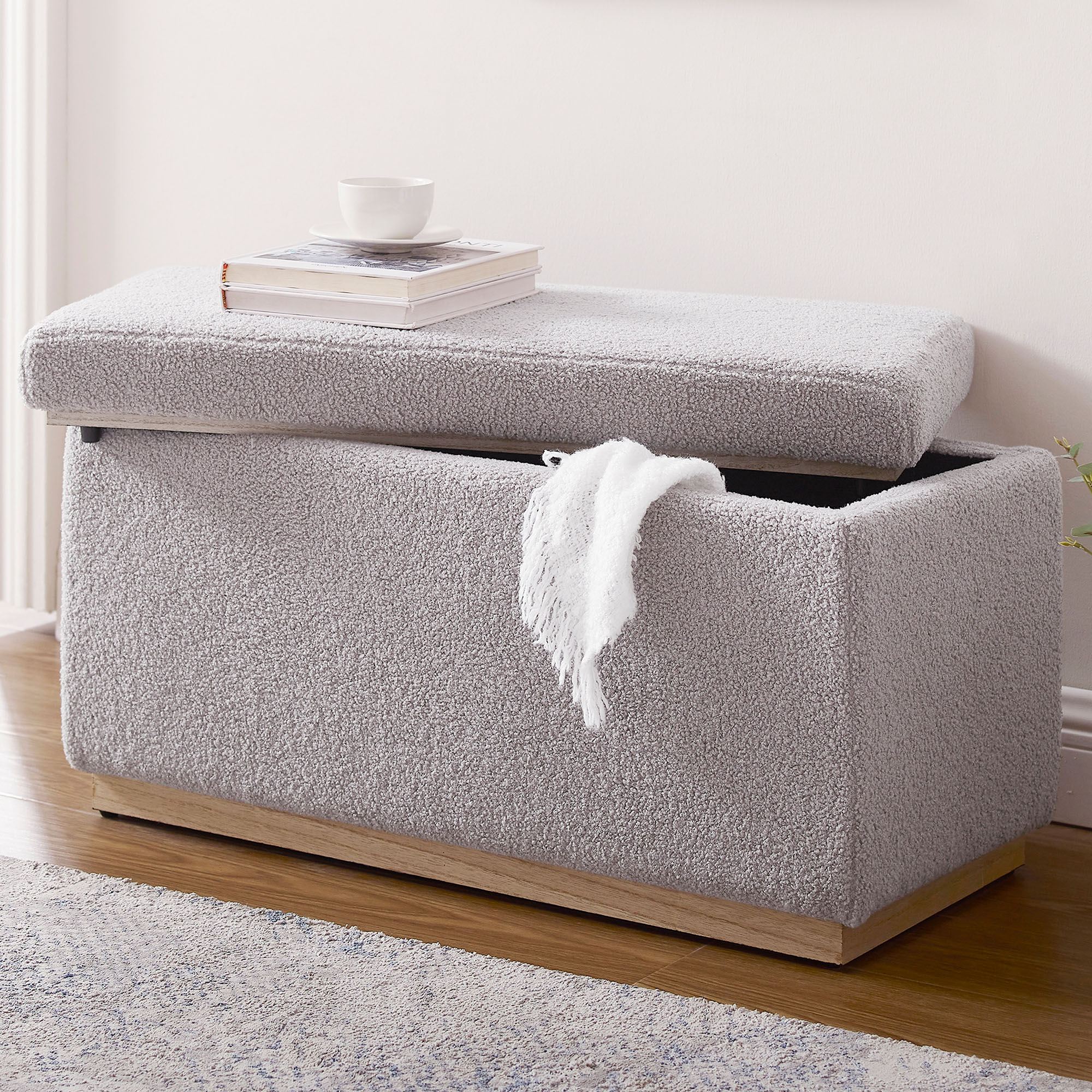 Mya Gray Boucle Upholstered Rectangle Storage Bench