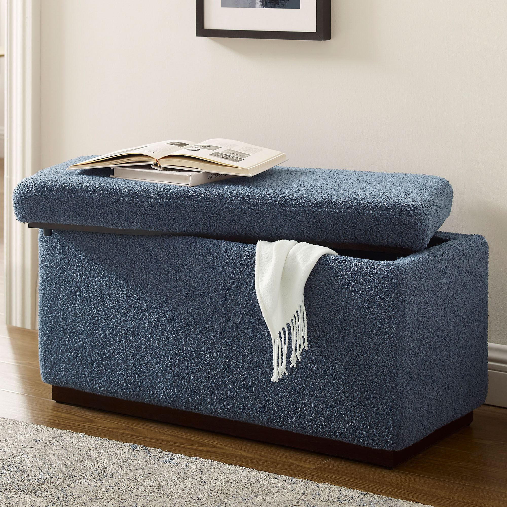Bri Blue Boucle Upholstered Rectangle Storage Bench