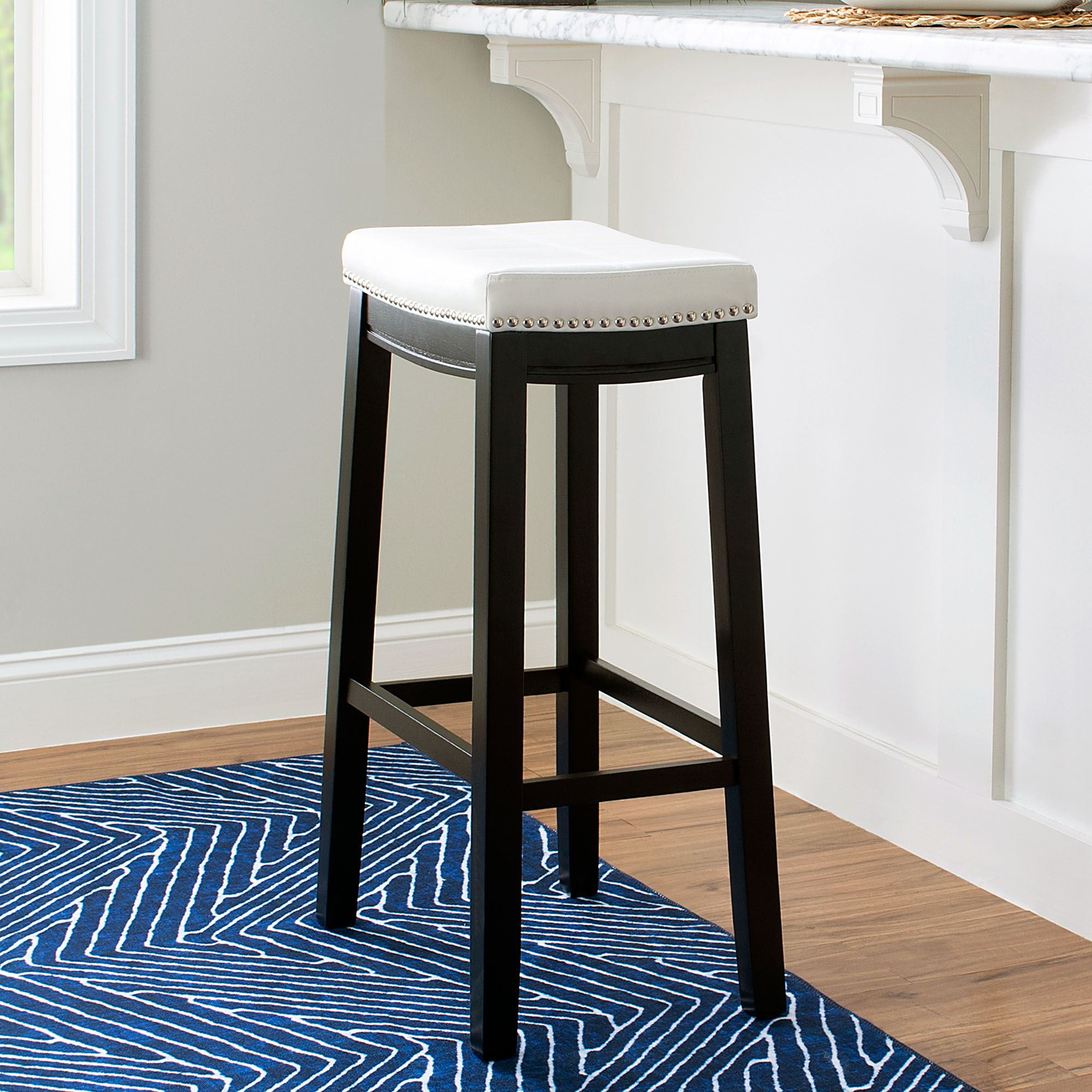 Erindale Black Wood Backless Kitchen Bar Stool with Faux Leather Seat