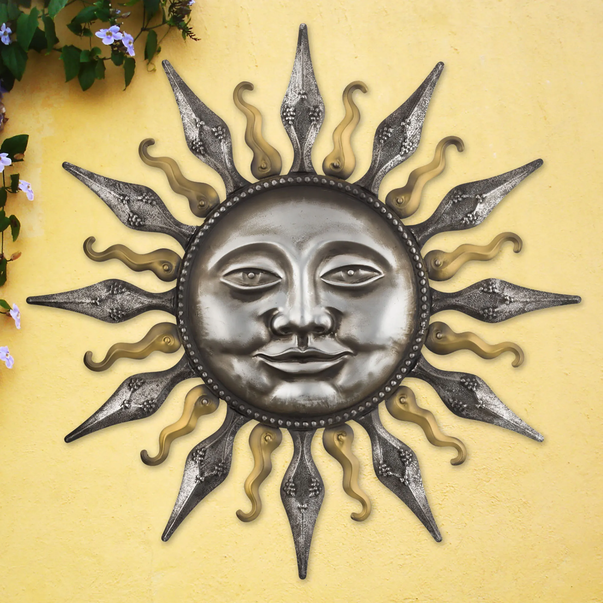 thumbnail image 2 of Cast Iron Sun Face Wall Plaque – Rustic Antique Gold Patina, Heavy Duty, 10x9.5 Inches 2 of 6