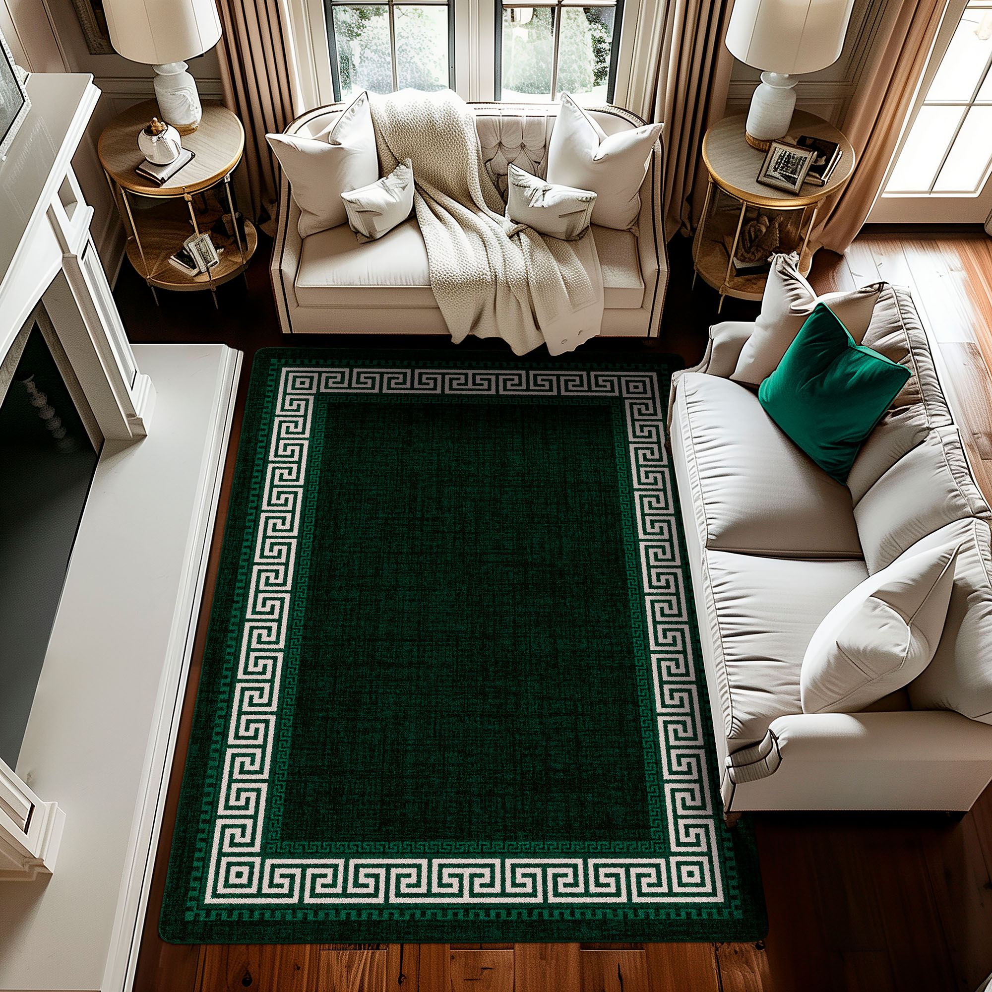 Andros Dark Green Stain Resistant Greek Key Border Area Rugs