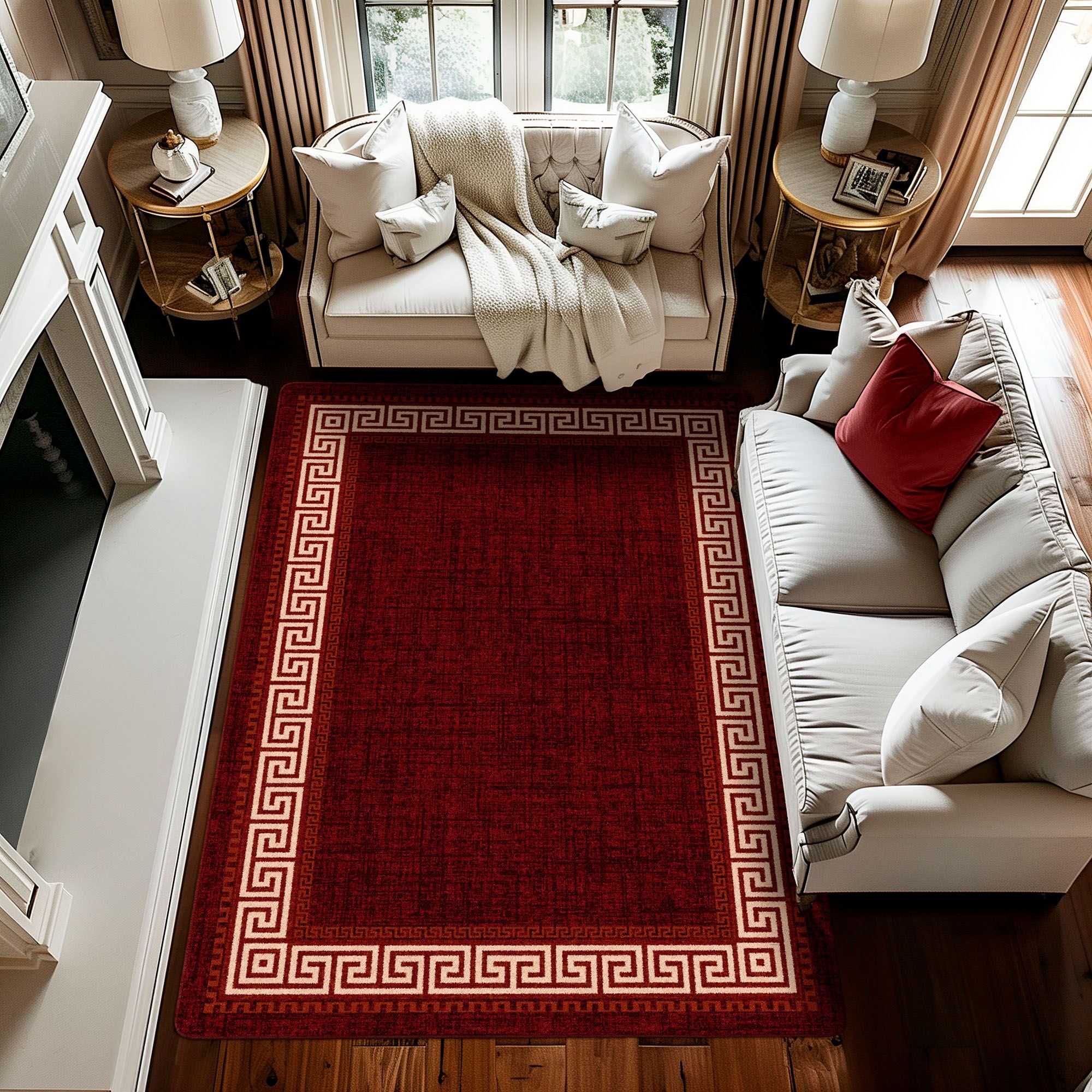 Andros Dark Red Stain Resistant Greek Key Border Area Rugs