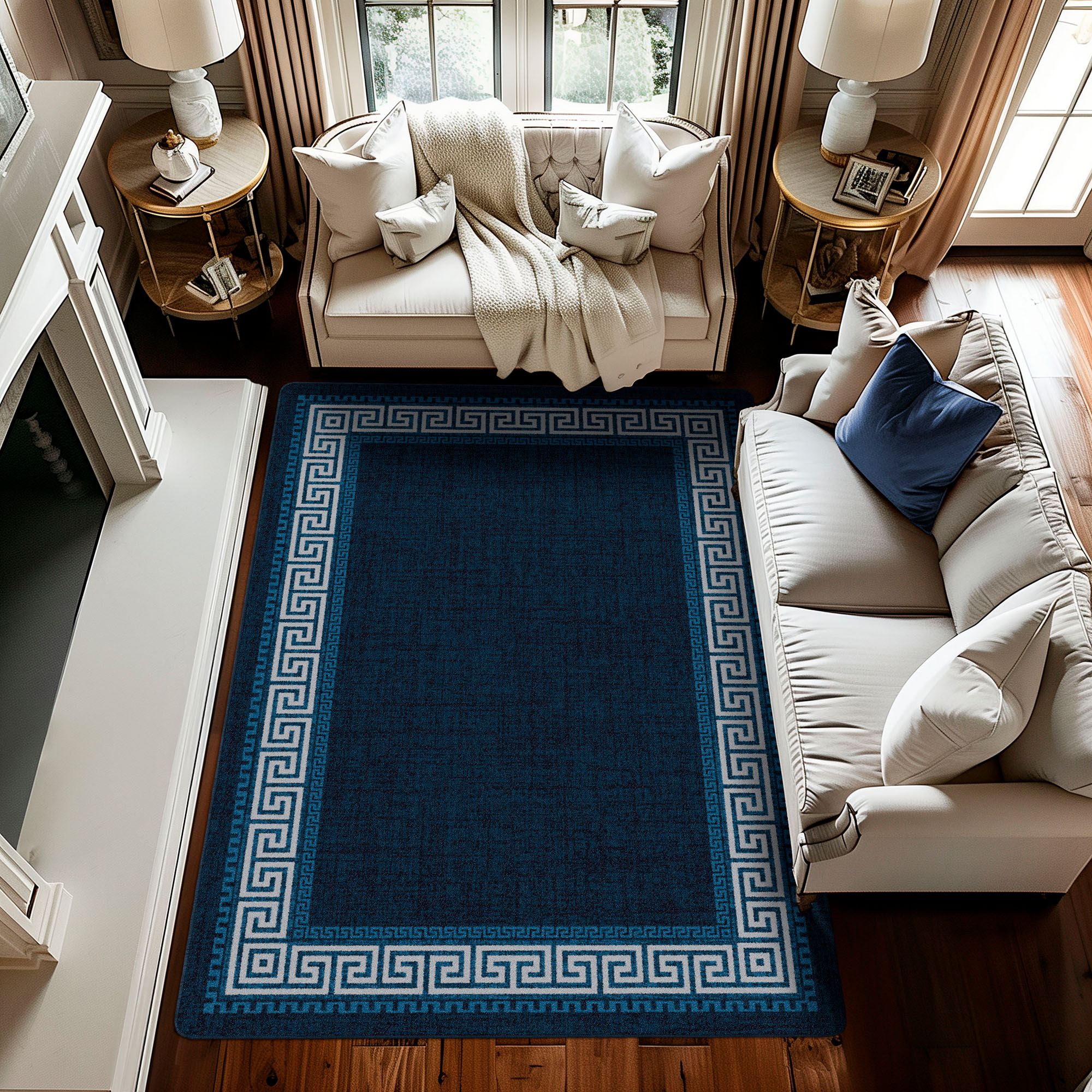Andros Navy Stain Resistant Greek Key Border Area Rugs