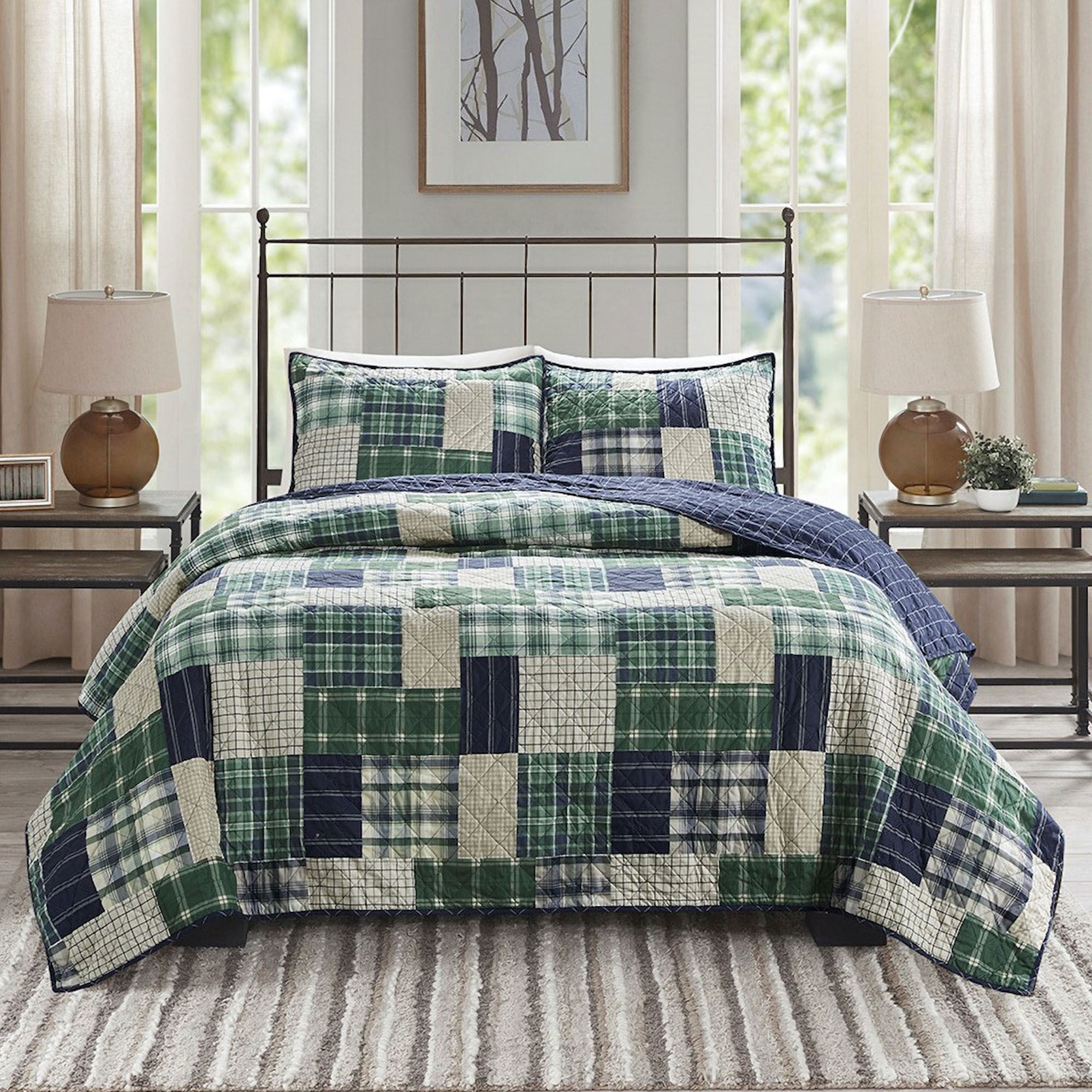 Timber Plaid Timber Reversible Rustic Green and Navy Plaid Mini Quilt Set Bedding