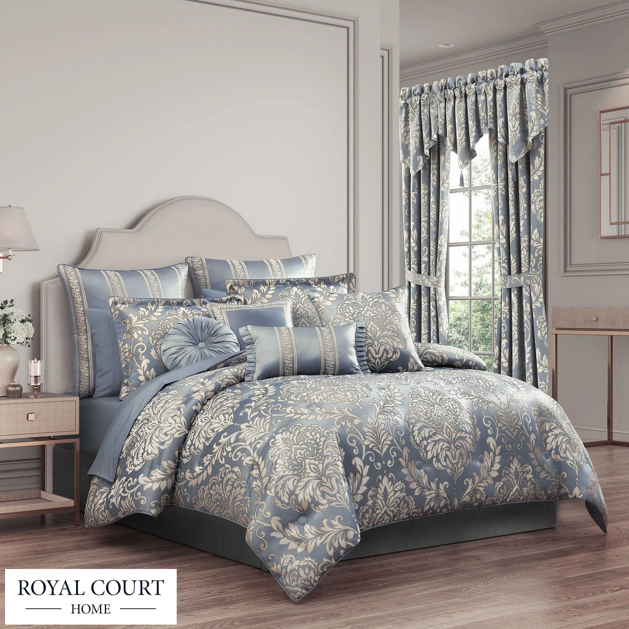 Comfort Spaces King Comforter Set 7-Piece – Blue Jacquard Bedding, Microfiber, All Seasons