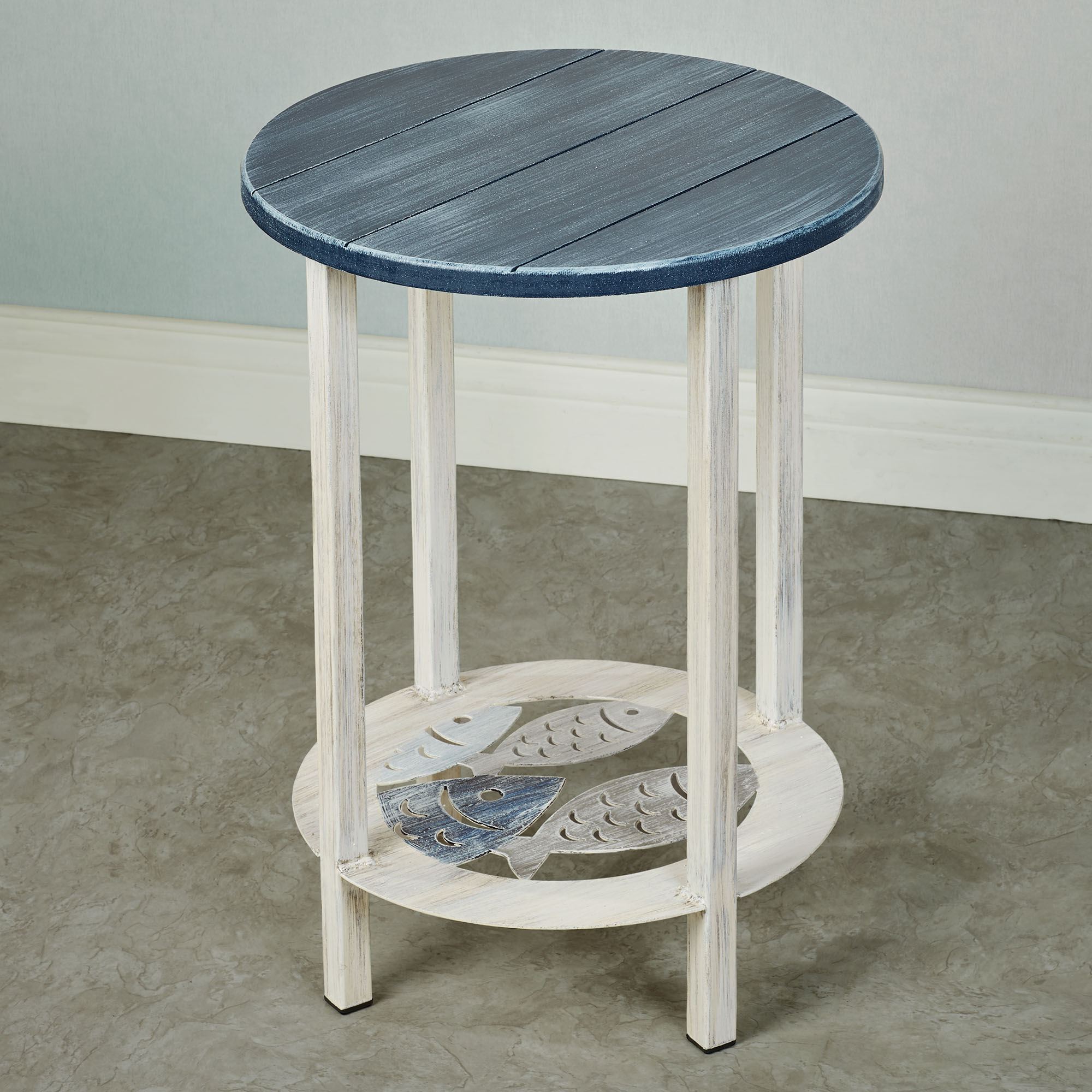 Seabrooke Fish Handpainted Round Coastal Accent Table with Plank Style Top