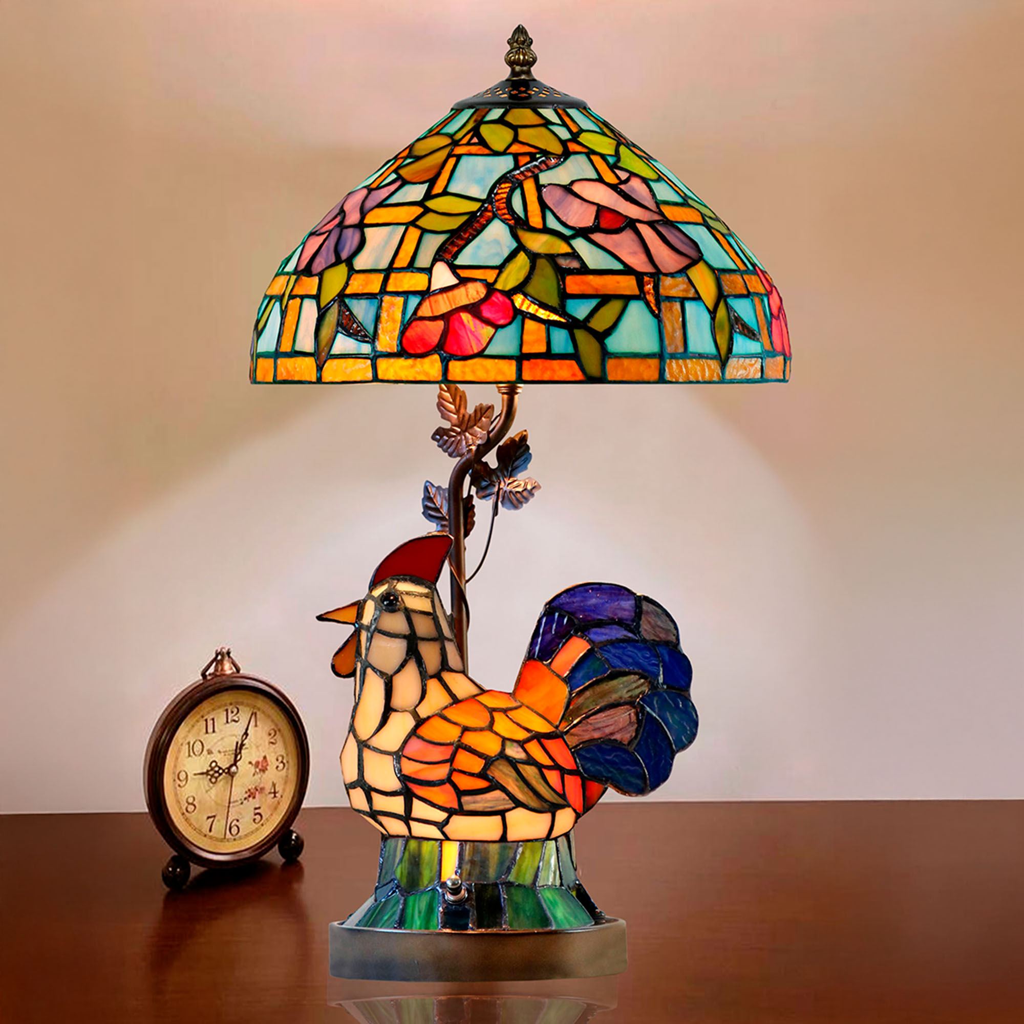 Rooster Tiffany Stained Art Glass Accent Table Lamp by Dale Tiffany