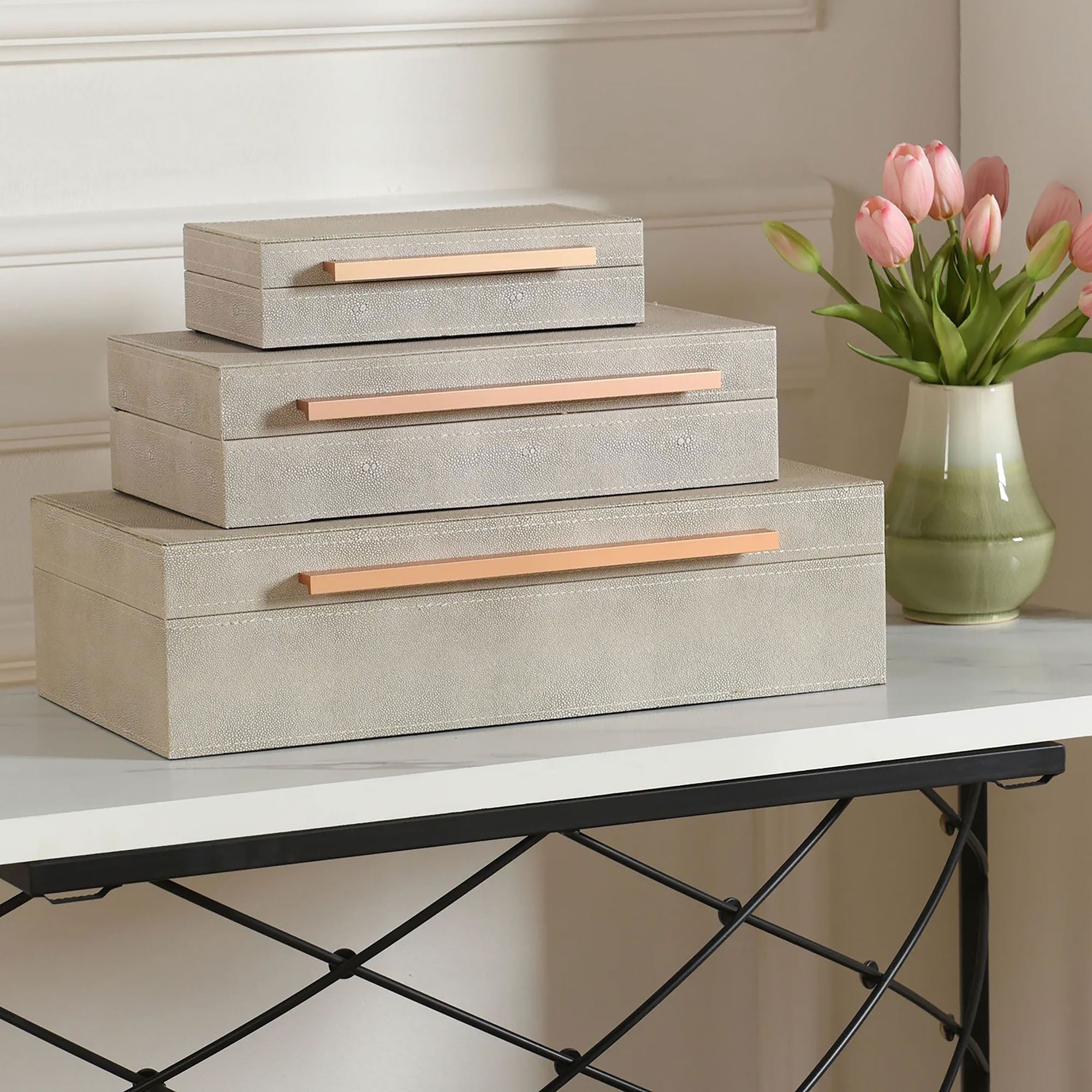 Camilla Ivory Faux Leather Decorative Storage Box Set of 3 by Norman Wyatt