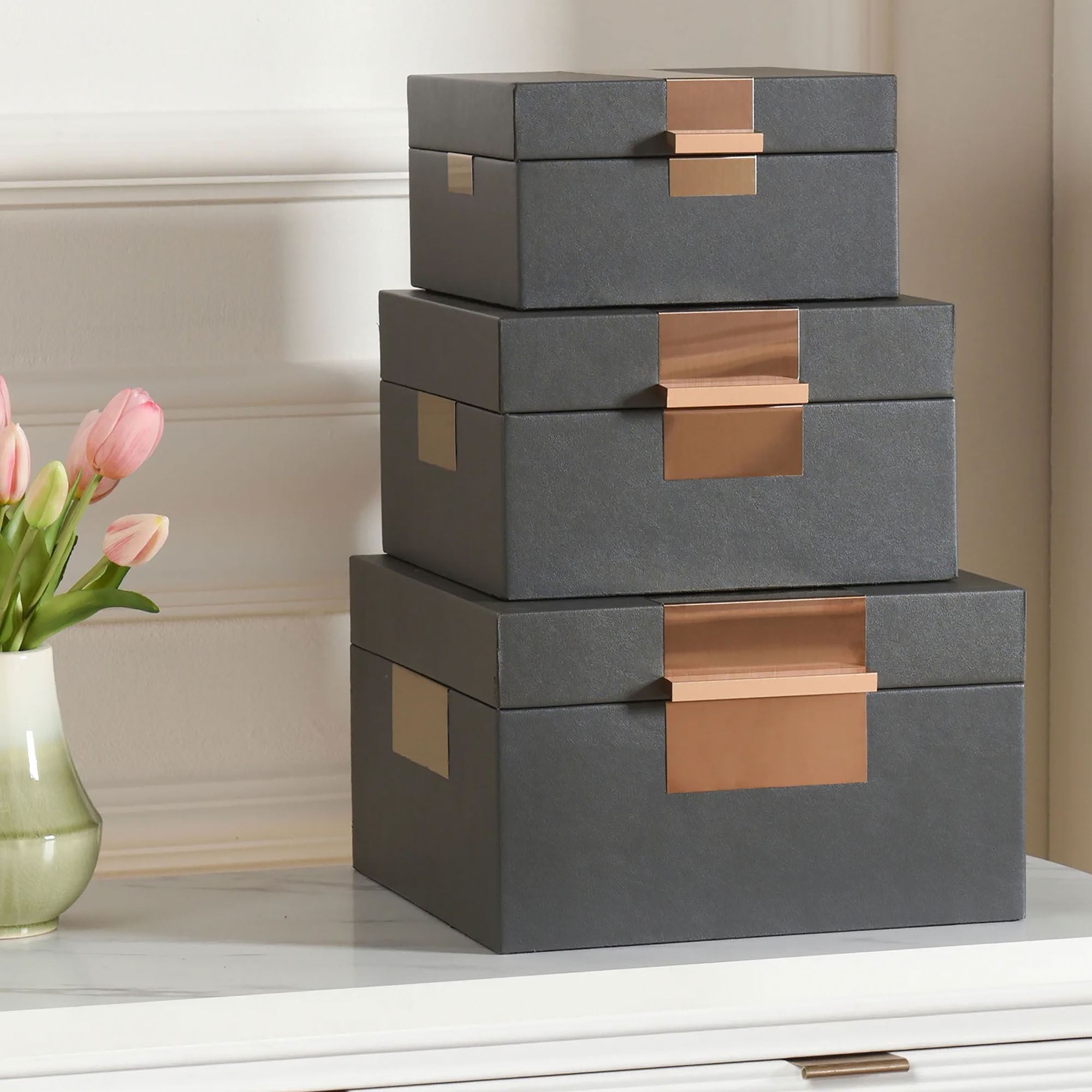Stacked Rextangles Box's Charcoal Leather Fabric Stacked Decorative Storage Box Set of 3 by ...