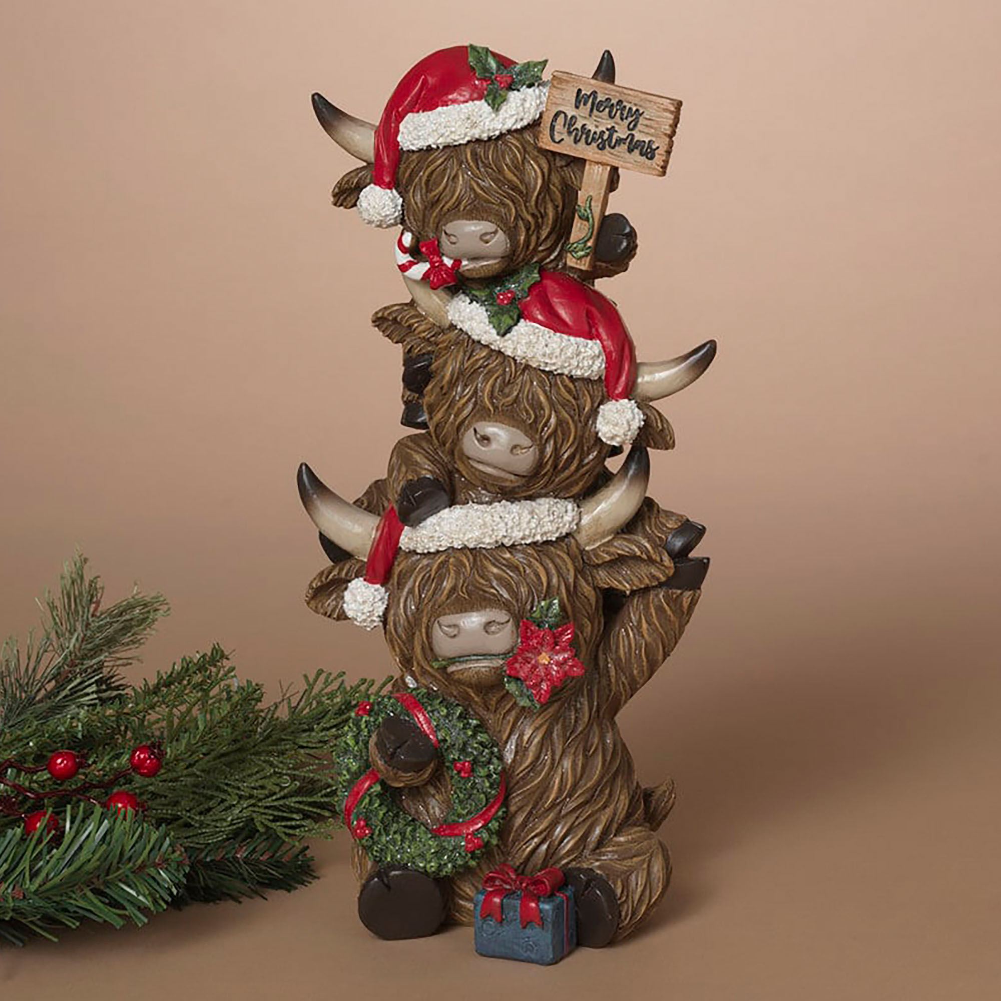 Holiday Stacked Highland Cows Table Sculpture Brown