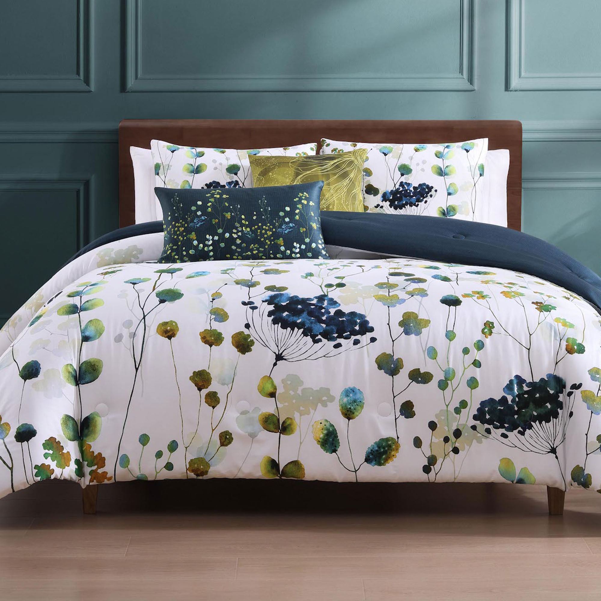 Abstract Vines Navy Blue and Green Botanical Floral 5 pc Comforter Bed Set