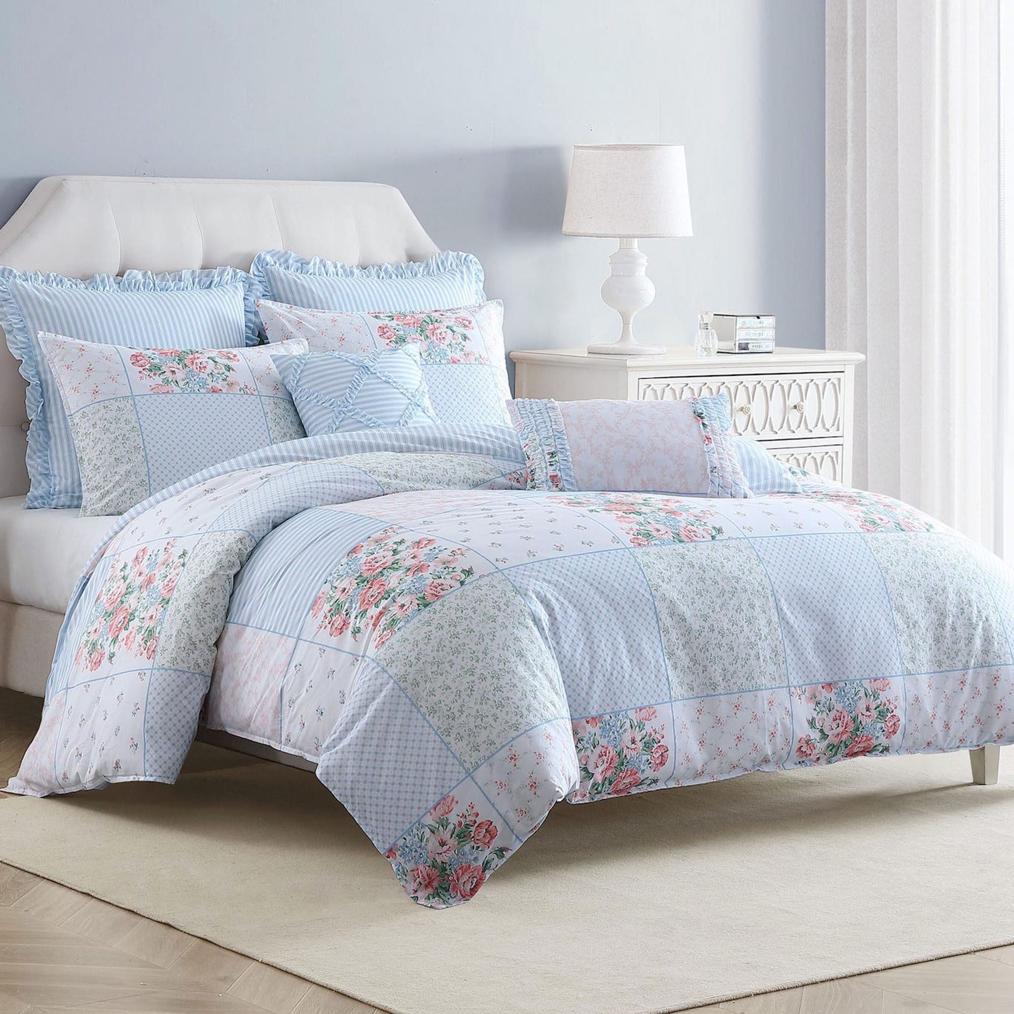 Hope Blue Floral Block 5-7 pc Comforter Bed Set by Laura Ashley