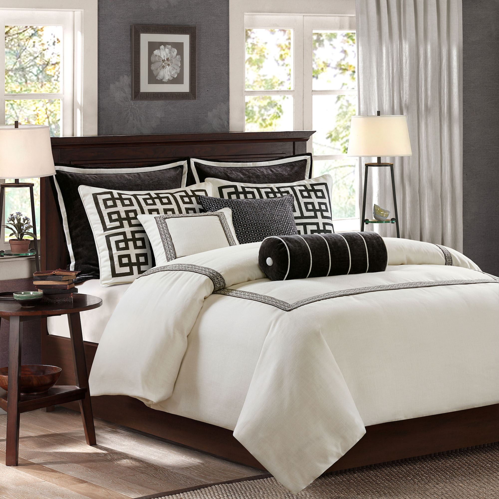 Jarvis Ivory and Black Greek Key 9-10 pc Duvet Style Comforter Bed