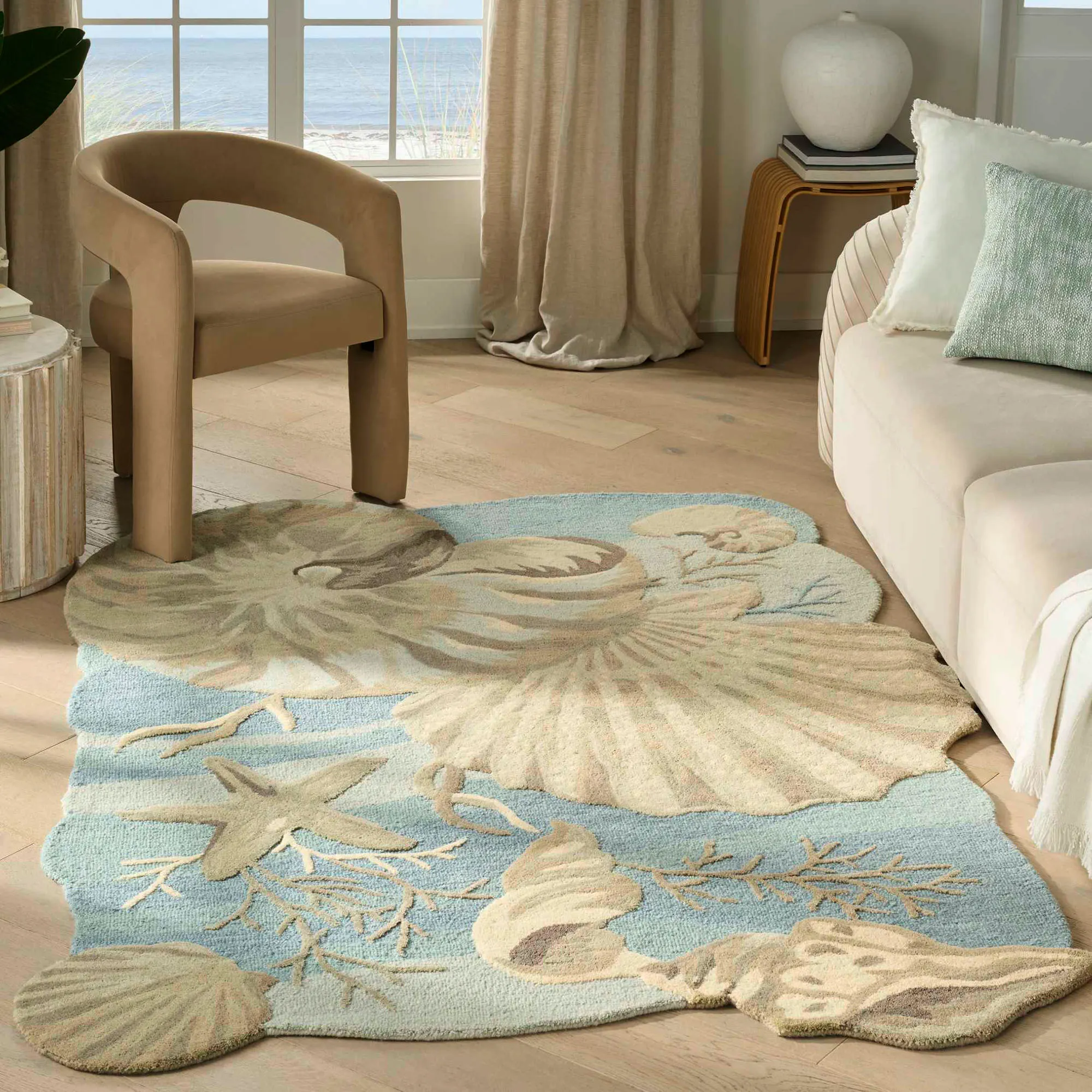 Blue Shell Shapped Rug Odeta Light Blue Handmade Wool Coastal Starfish Seashell Shaped Area Rugs