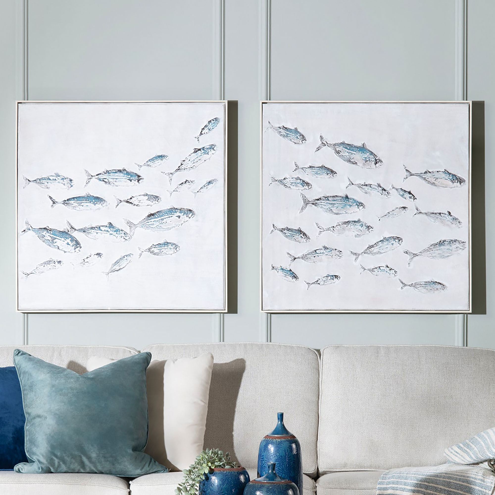 School of Fish Light Gray Coastal Canvas Wall Art Set