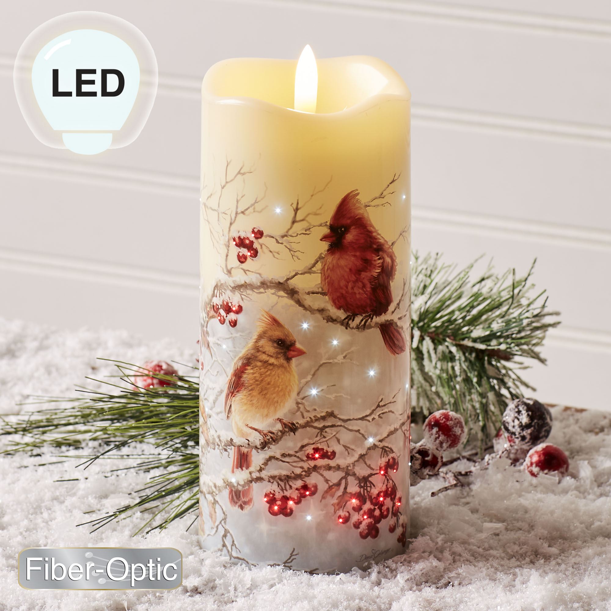 Winter Cardinals LED Candle Ivory