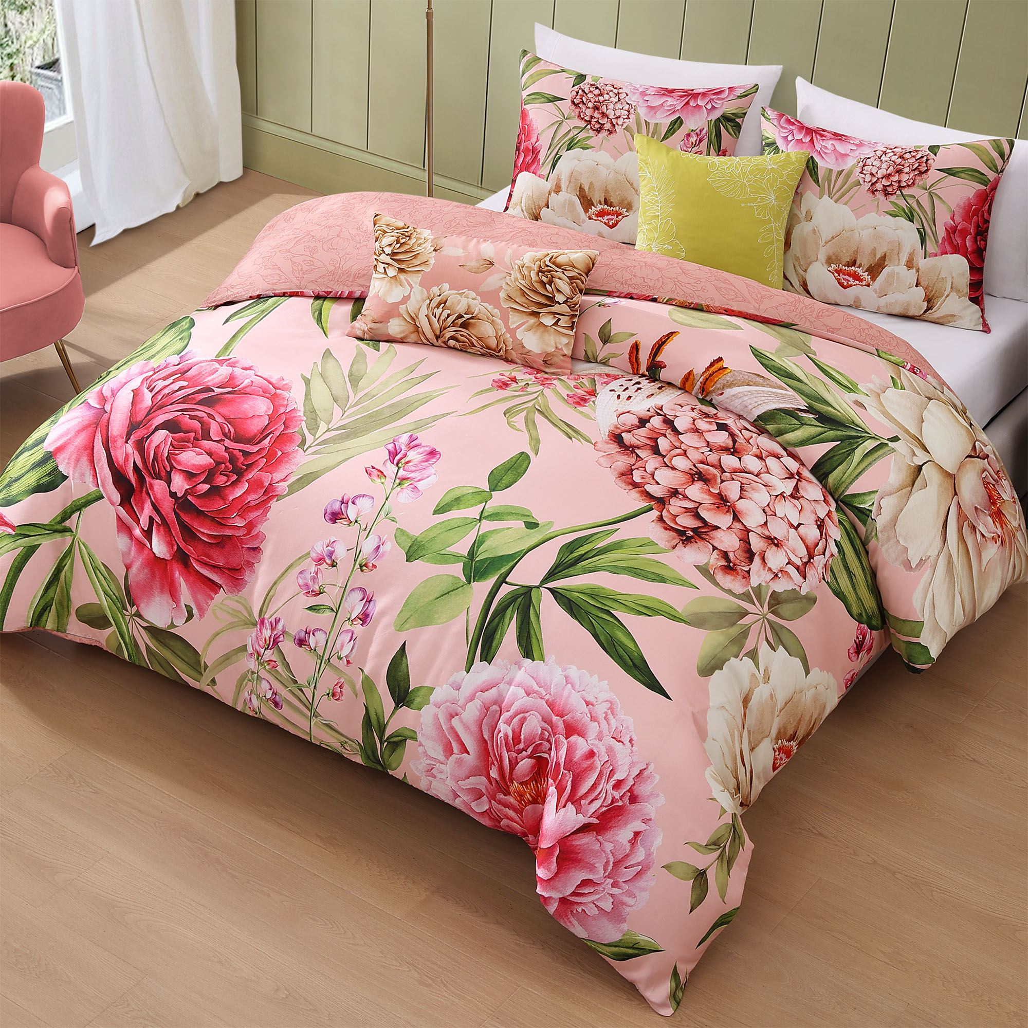 Spring Forever Reversible Pink Flower Blossom 5 pc Comforter Bed Set